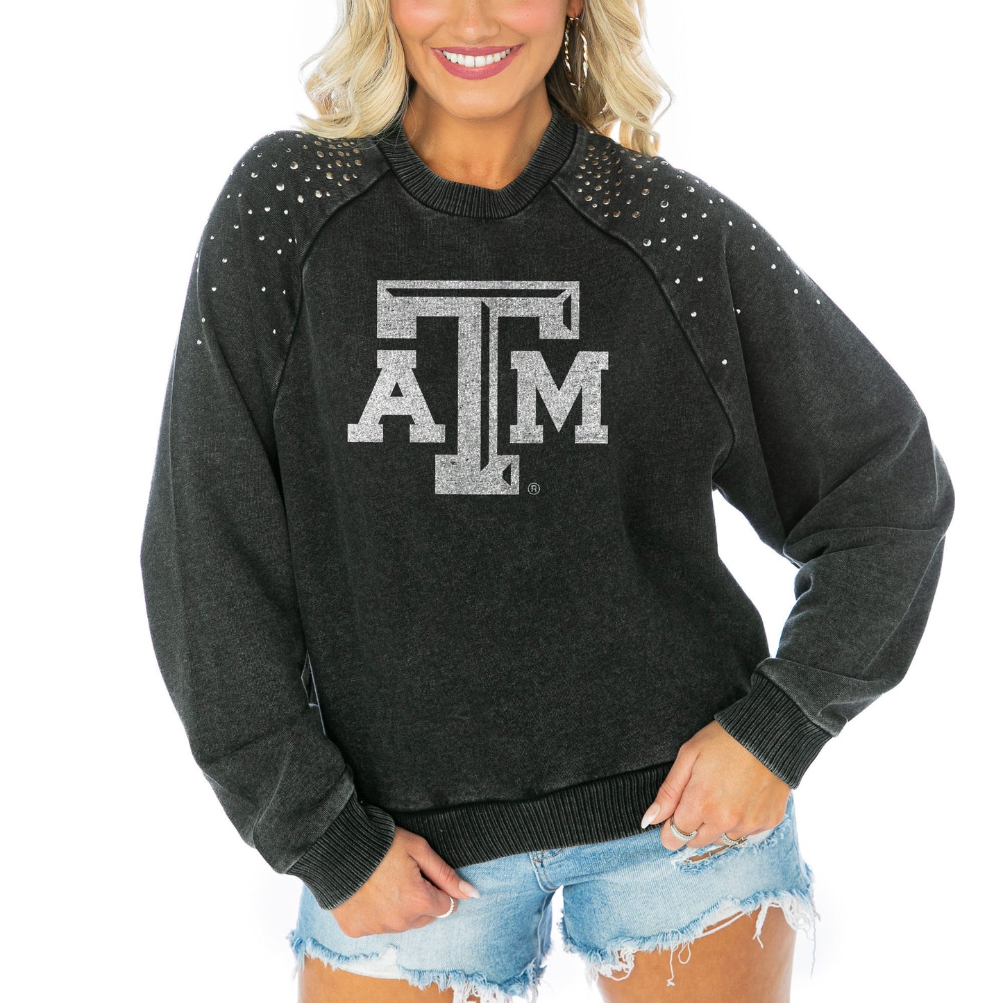 Women's Gameday Couture Charcoal Texas A&M Aggies Varsity Studded French Terry Pullover Sweatshirt