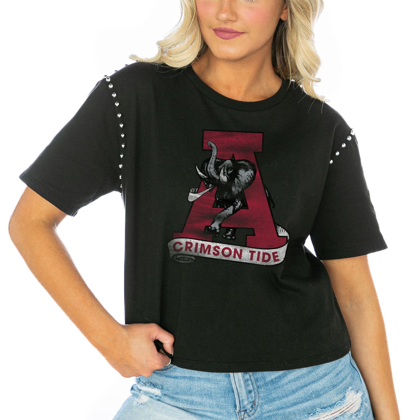 Women's Gameday Couture Black Alabama Crimson Tide Galore Studded Sleeve Crop Top