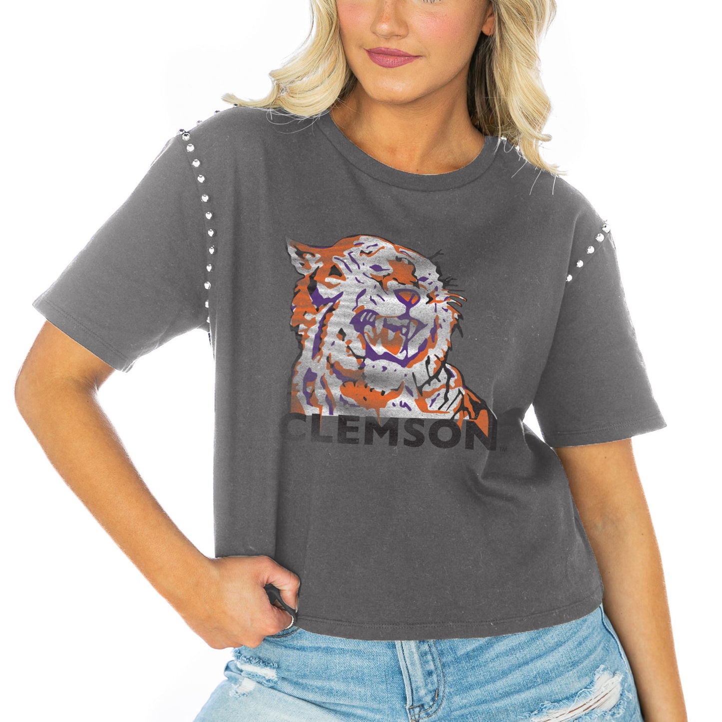 Women's Gameday Couture Gray Clemson Tigers Galore Studded Sleeve Crop Top