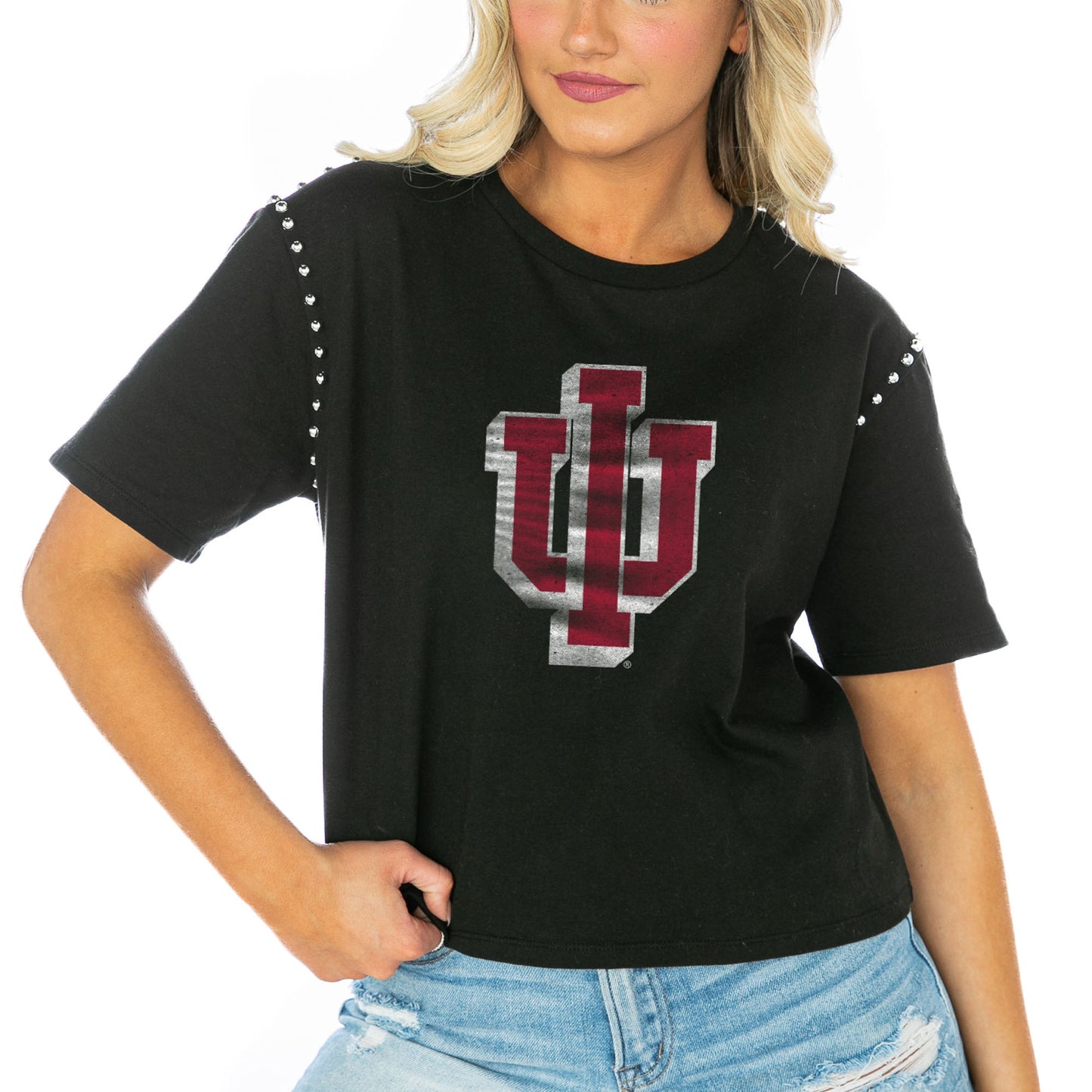 Women's Gameday Couture Black Indiana Hoosiers Galore Studded Sleeve Crop Top