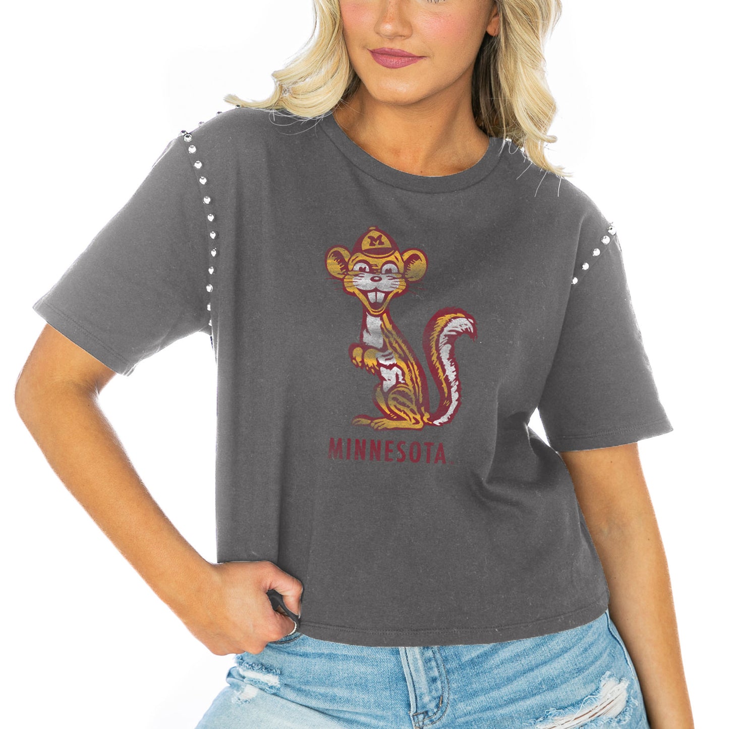 Women's Gameday Couture Gray Minnesota Golden Gophers Galore Studded Sleeve Crop Top