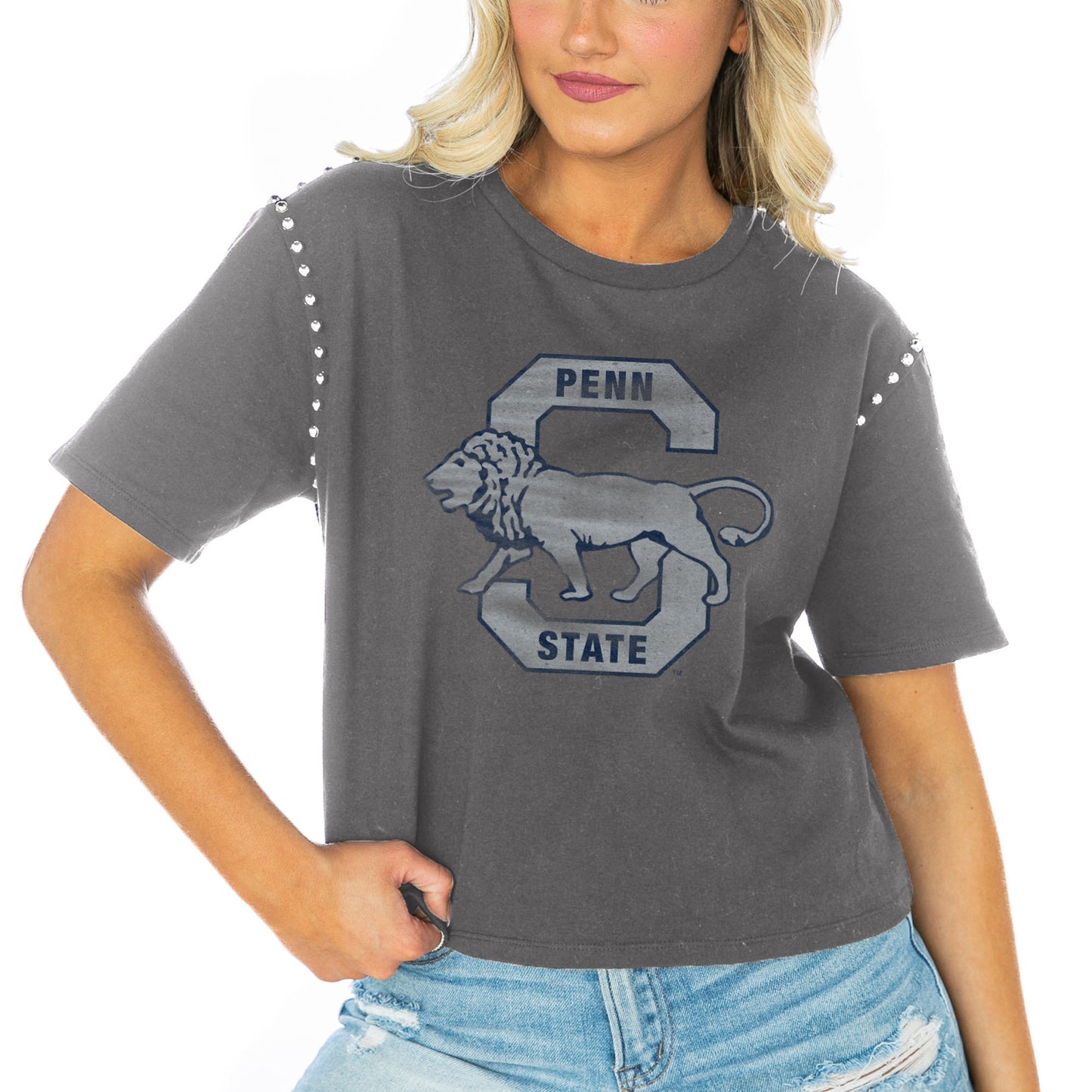 Women's Gameday Couture Gray Penn State Nittany Lions Galore Studded Sleeve Crop Top