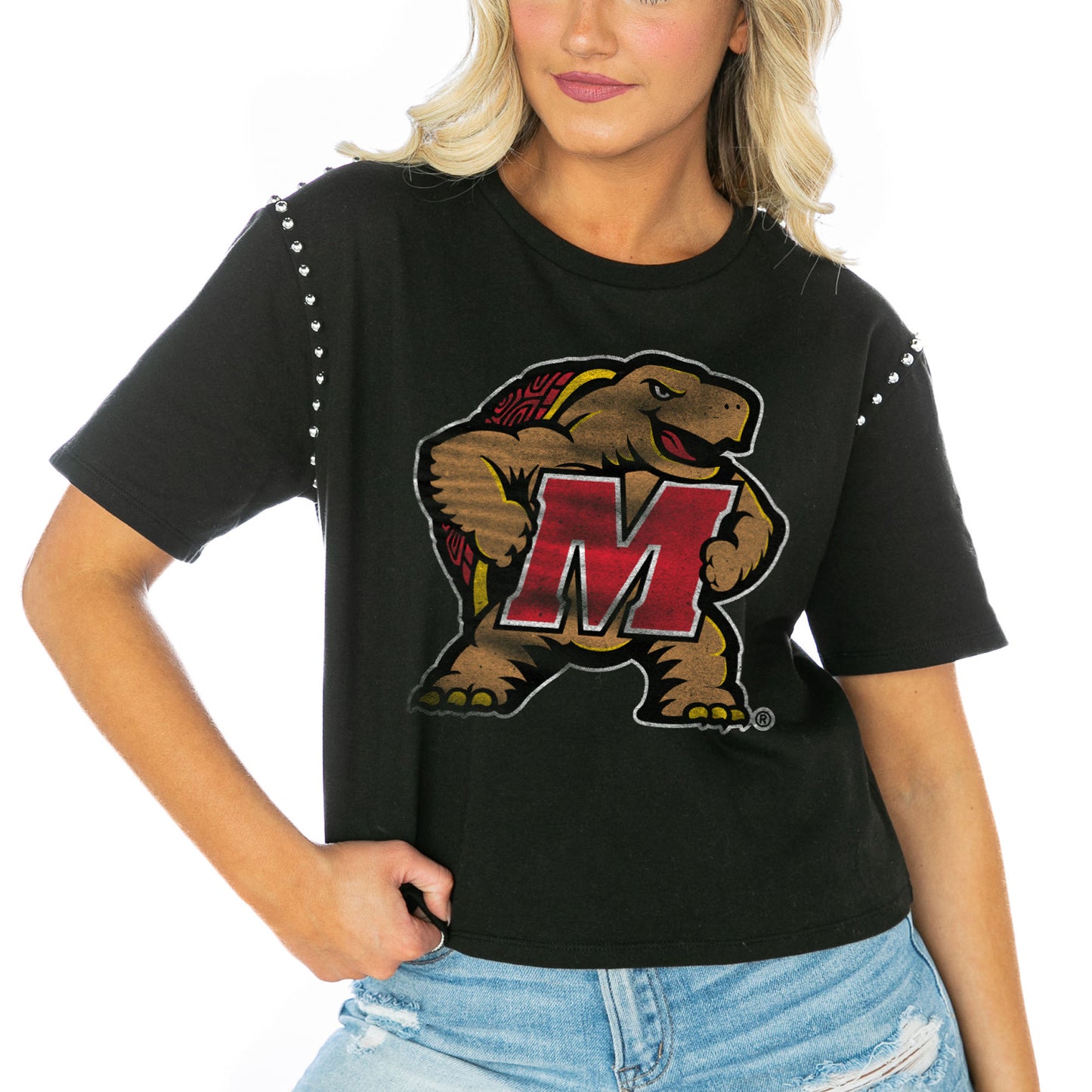 Women's Gameday Couture Black Maryland Terrapins Galore Studded Sleeve Crop Top