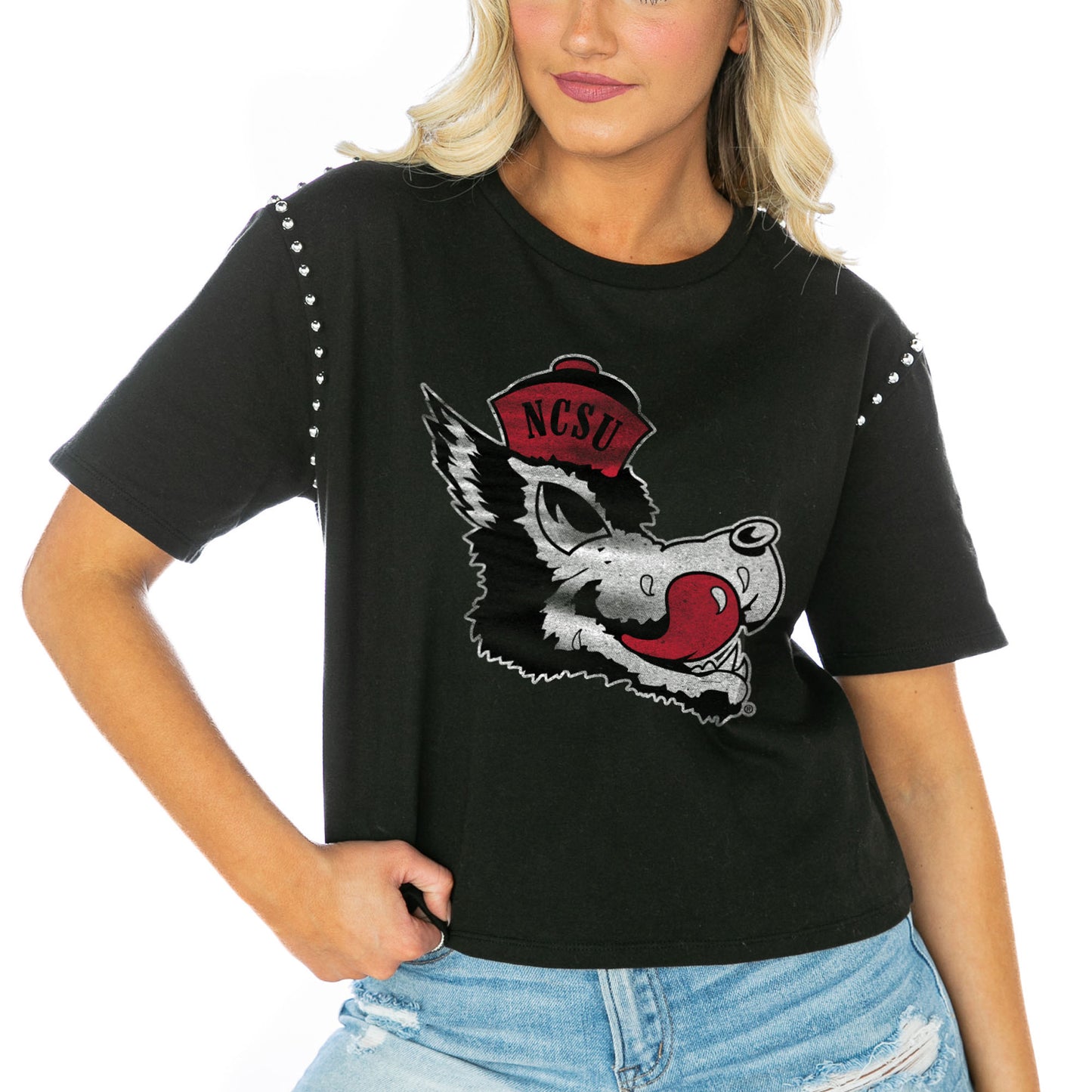 Women's Gameday Couture Black NC State Wolfpack Galore Studded Sleeve Crop Top