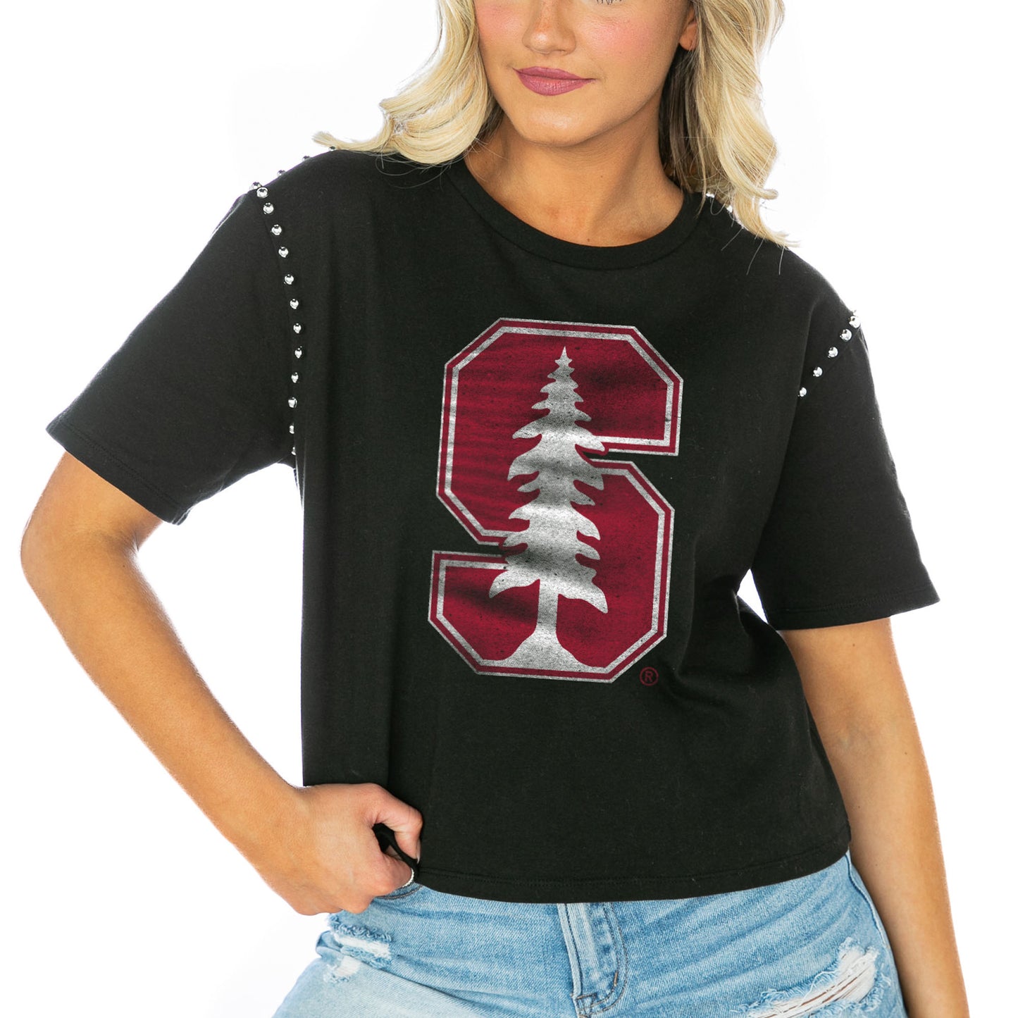 Women's Gameday Couture Black Stanford Cardinal Galore Studded Sleeve Crop Top