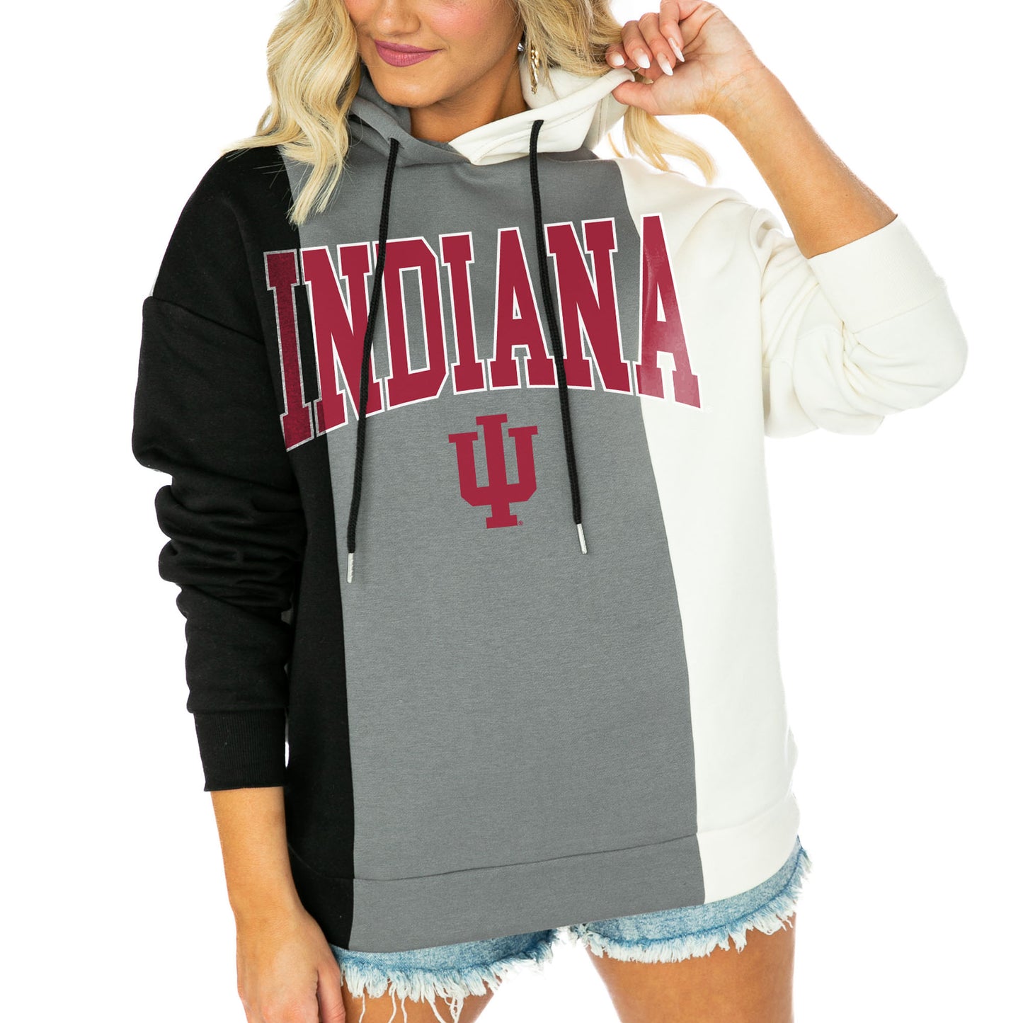 Women's Gameday Couture Black/White Indiana Hoosiers Victory Tri-Color Pullover Hoodie