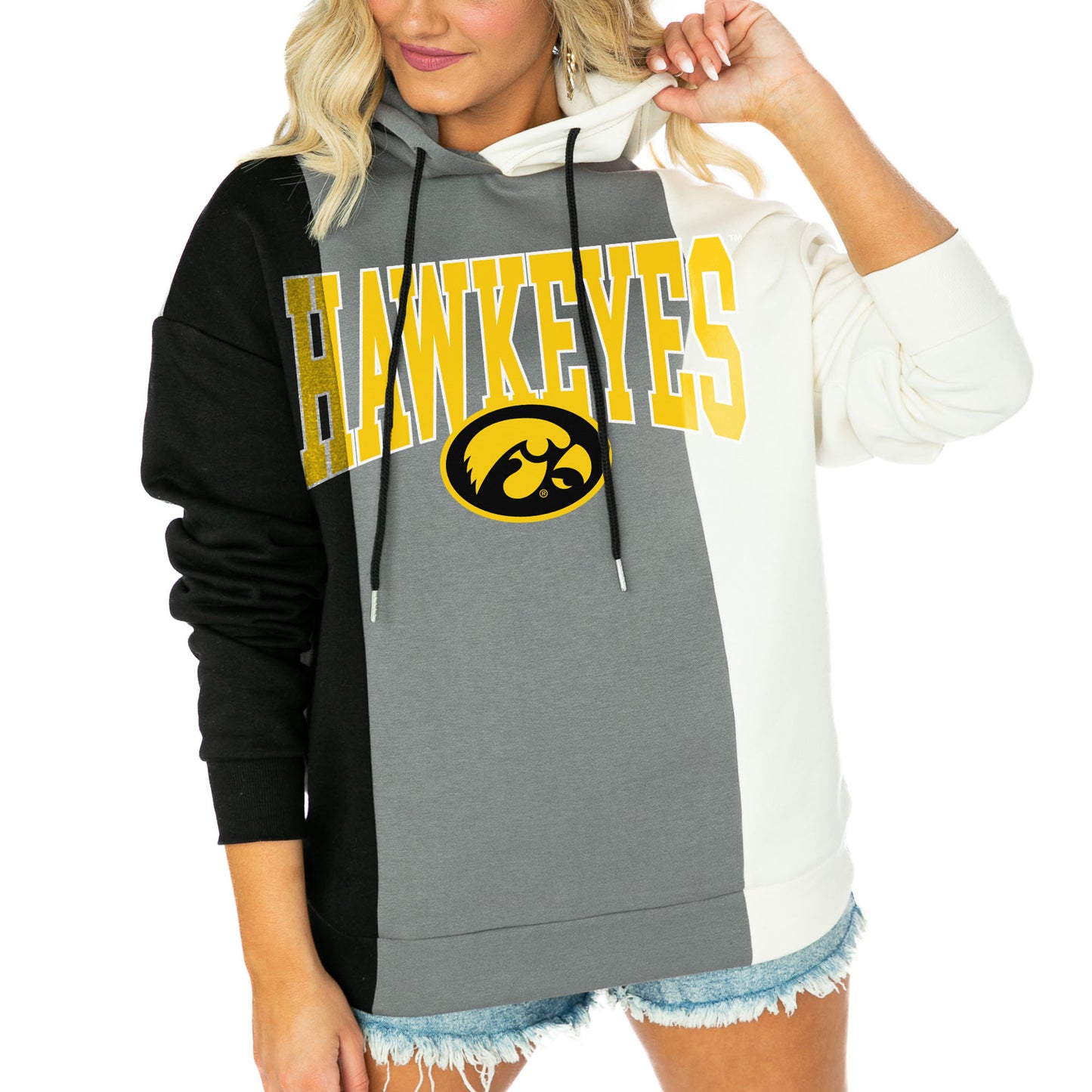 Women's Gameday Couture Black/White Iowa Hawkeyes Victory Tri-Color Pullover Hoodie