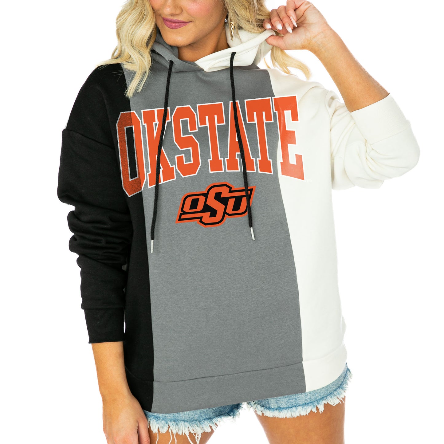 Women's Gameday Couture Black/White Oklahoma State Cowboys Victory Tri-Color Pullover Hoodie