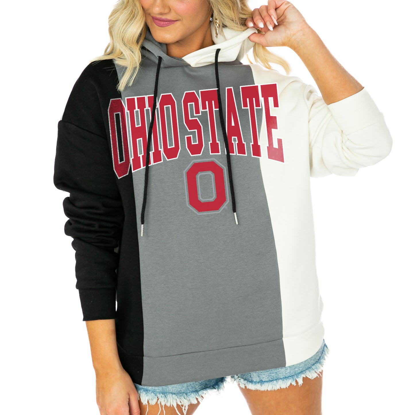 Women's Gameday Couture Black/White Ohio State Buckeyes Victory Tri-Color Pullover Hoodie