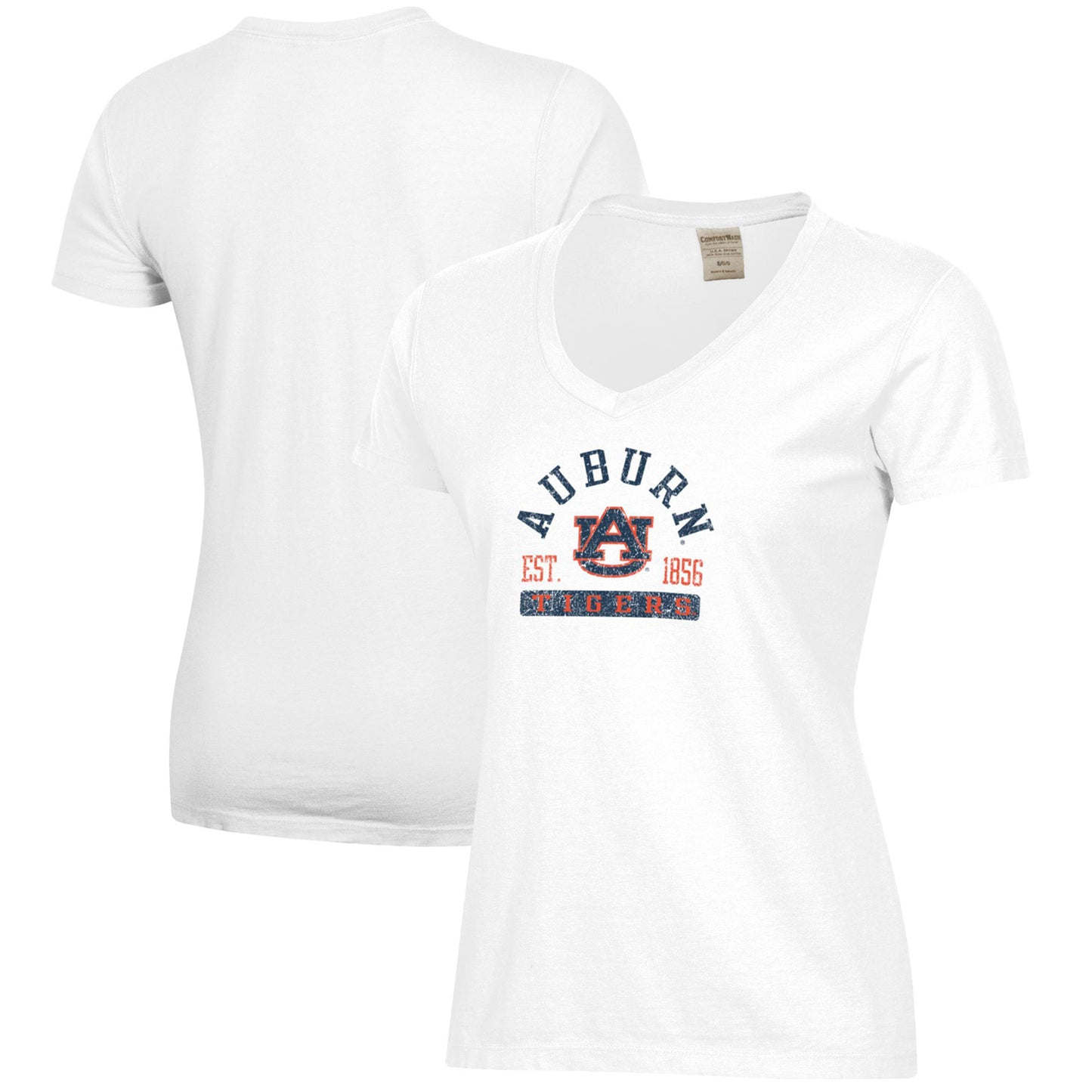 Women's White Auburn Tigers Arch Logo Comfort Wash V-Neck T-Shirt