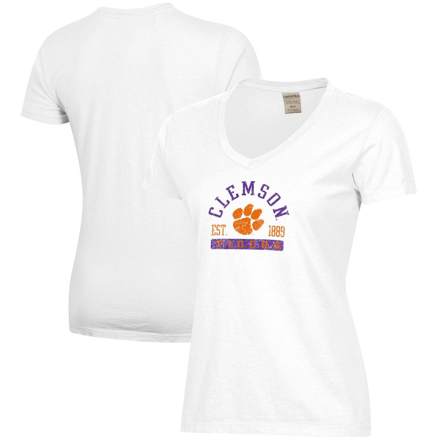 Women's White Clemson Tigers Arch Logo Comfort Wash V-Neck T-Shirt
