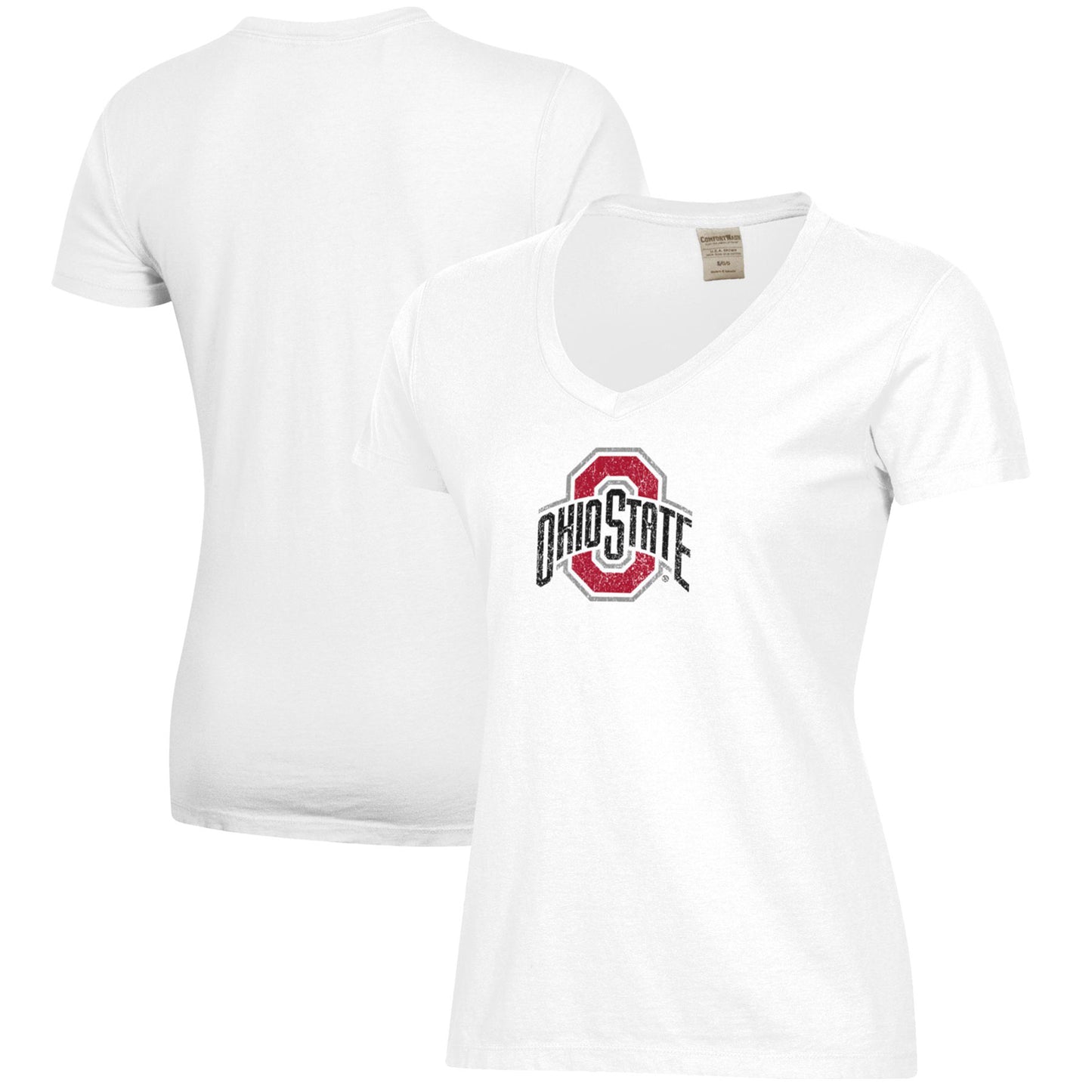 Women's White Ohio State Buckeyes Arch Logo Comfort Wash V-Neck T-Shirt