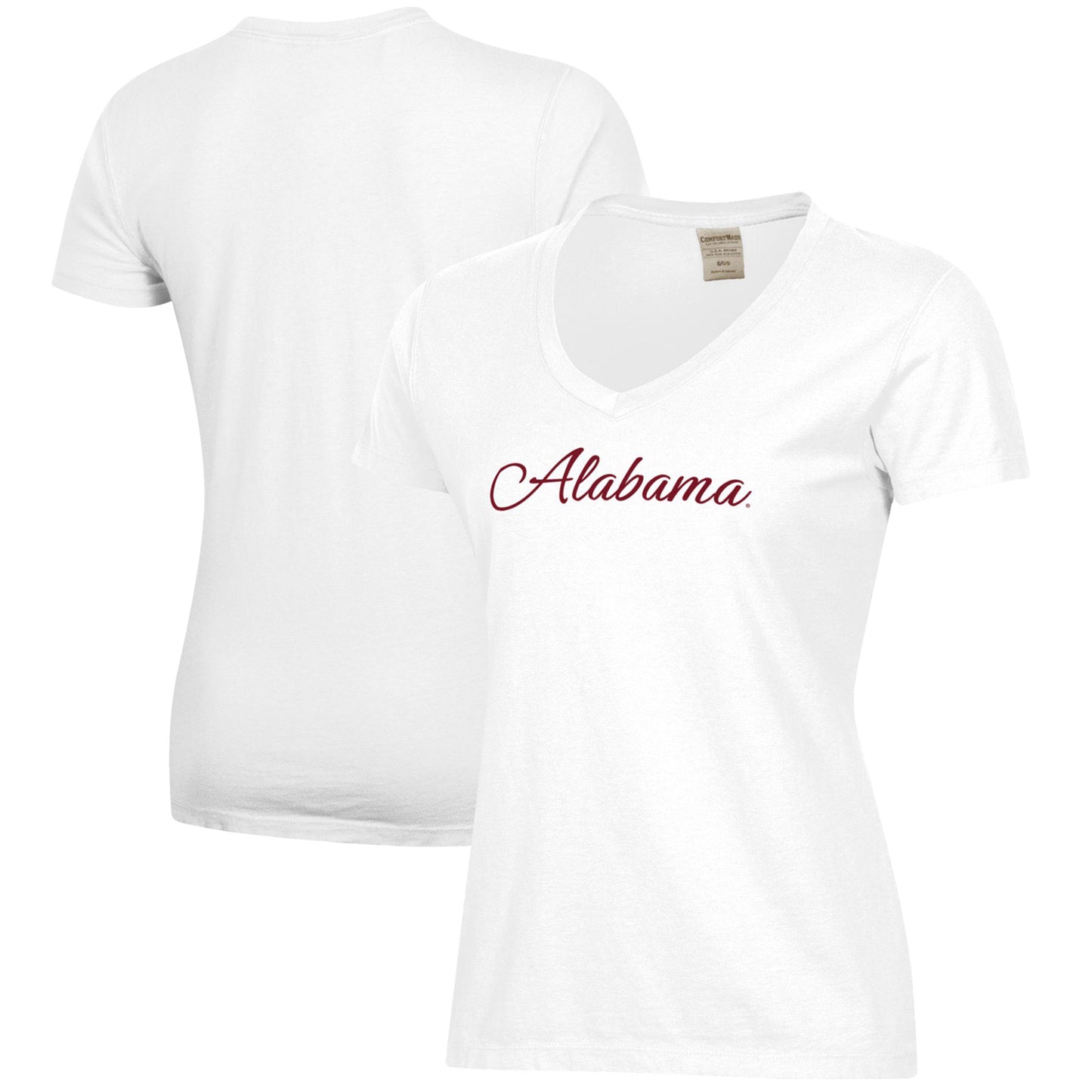 Women's White Alabama Crimson Tide Script Logo Comfort Wash V-Neck T-Shirt