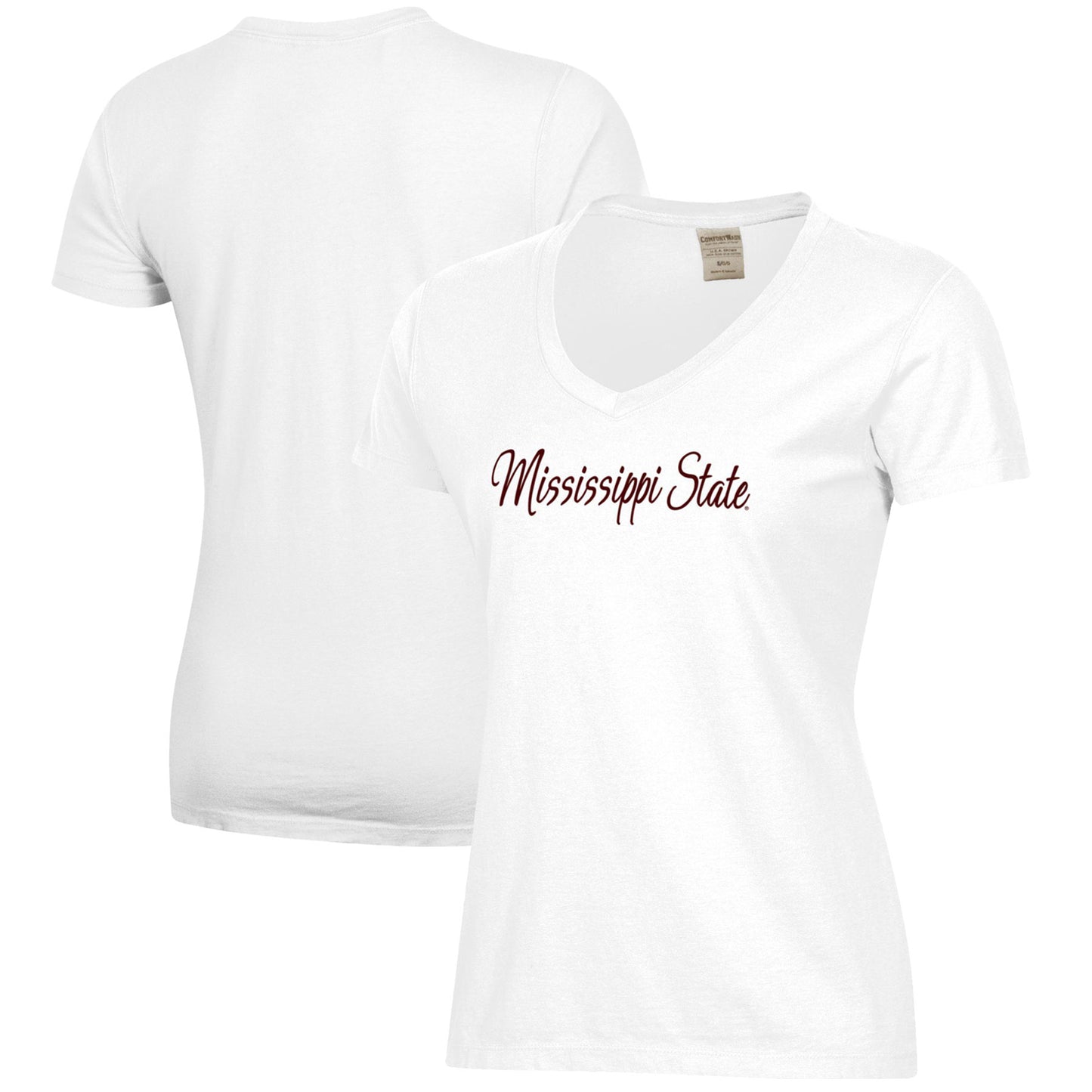 Women's White Mississippi State Bulldogs Script Logo Comfort Wash V-Neck T-Shirt