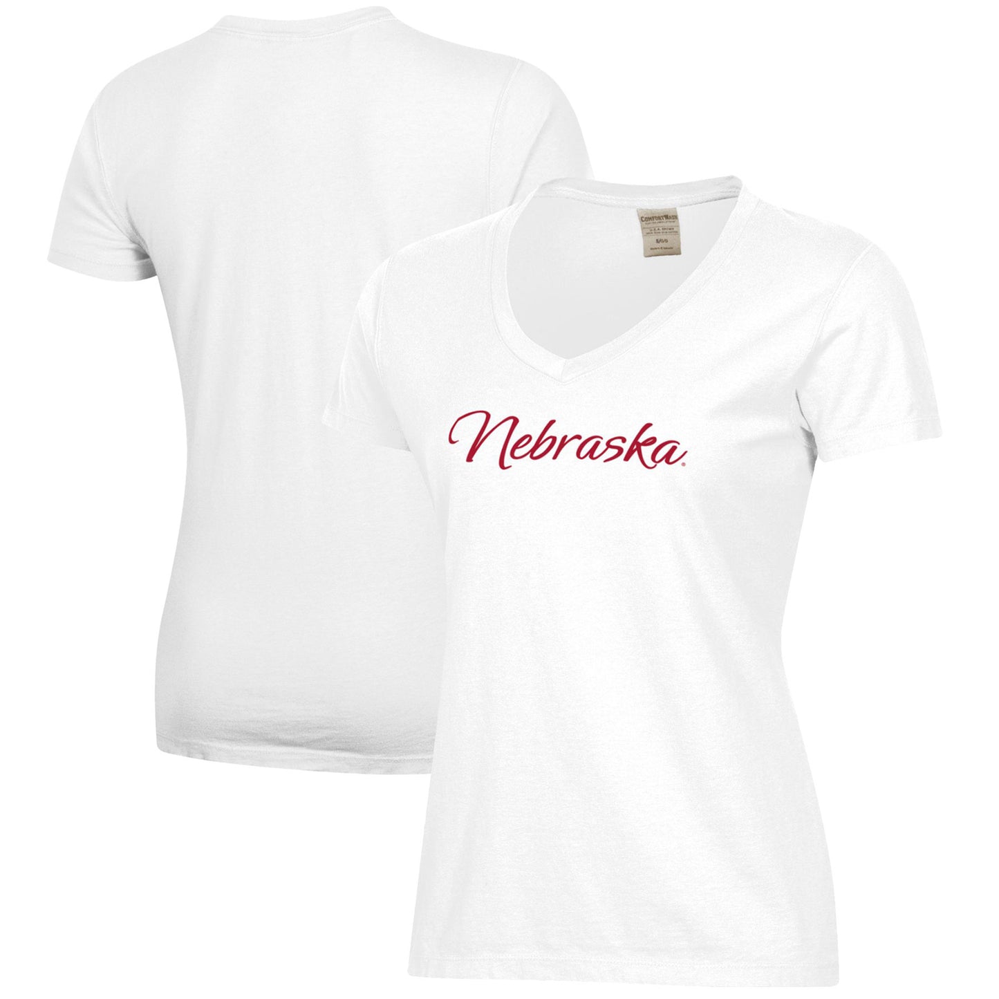 Women's White Nebraska Huskers Script Logo Comfort Wash V-Neck T-Shirt