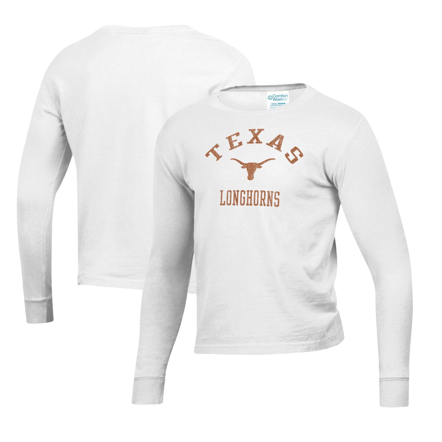 Youth White Texas Longhorns Mascot Comfort Wash Long Sleeve T-Shirt