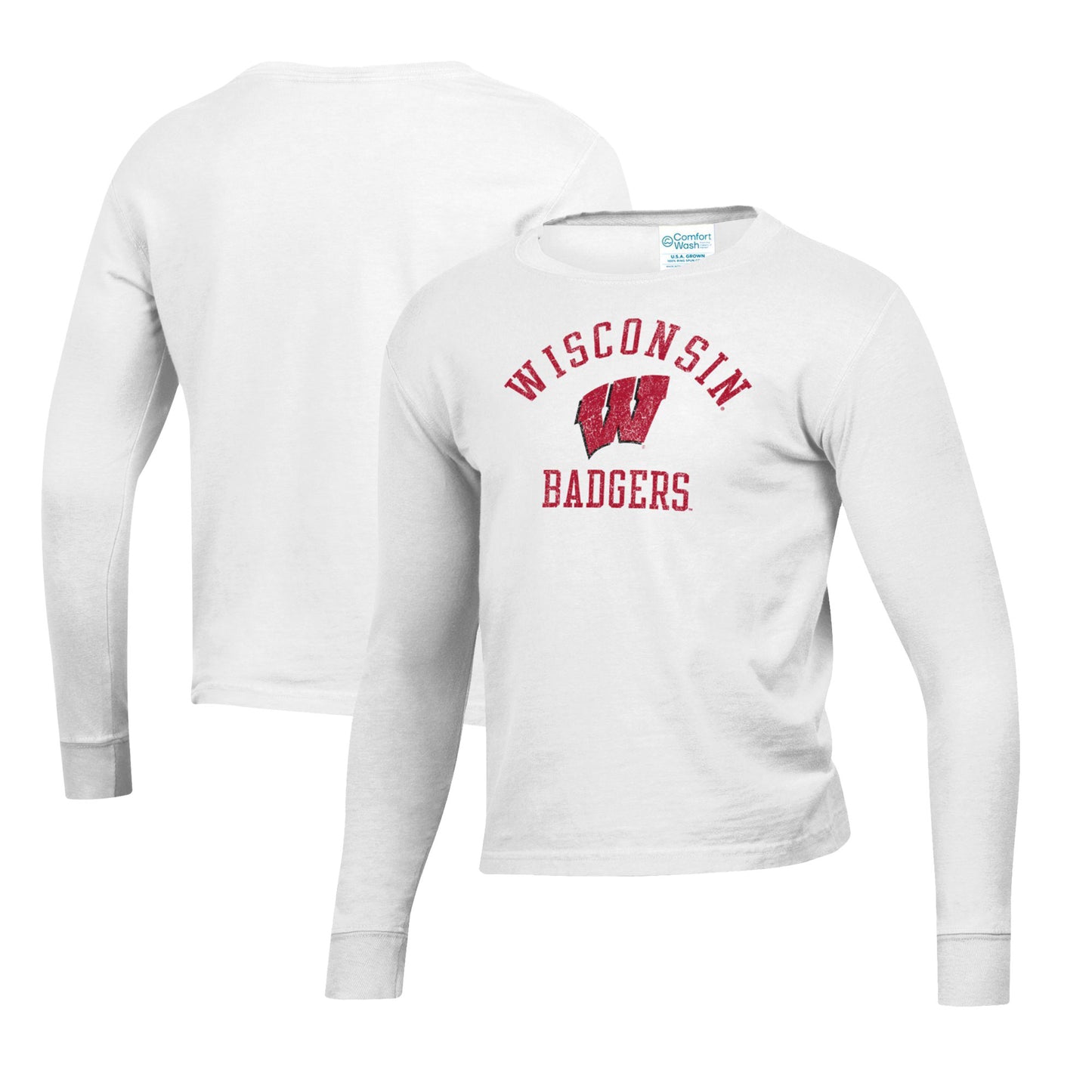 Youth White Wisconsin Badgers Mascot Comfort Wash Long Sleeve T-Shirt
