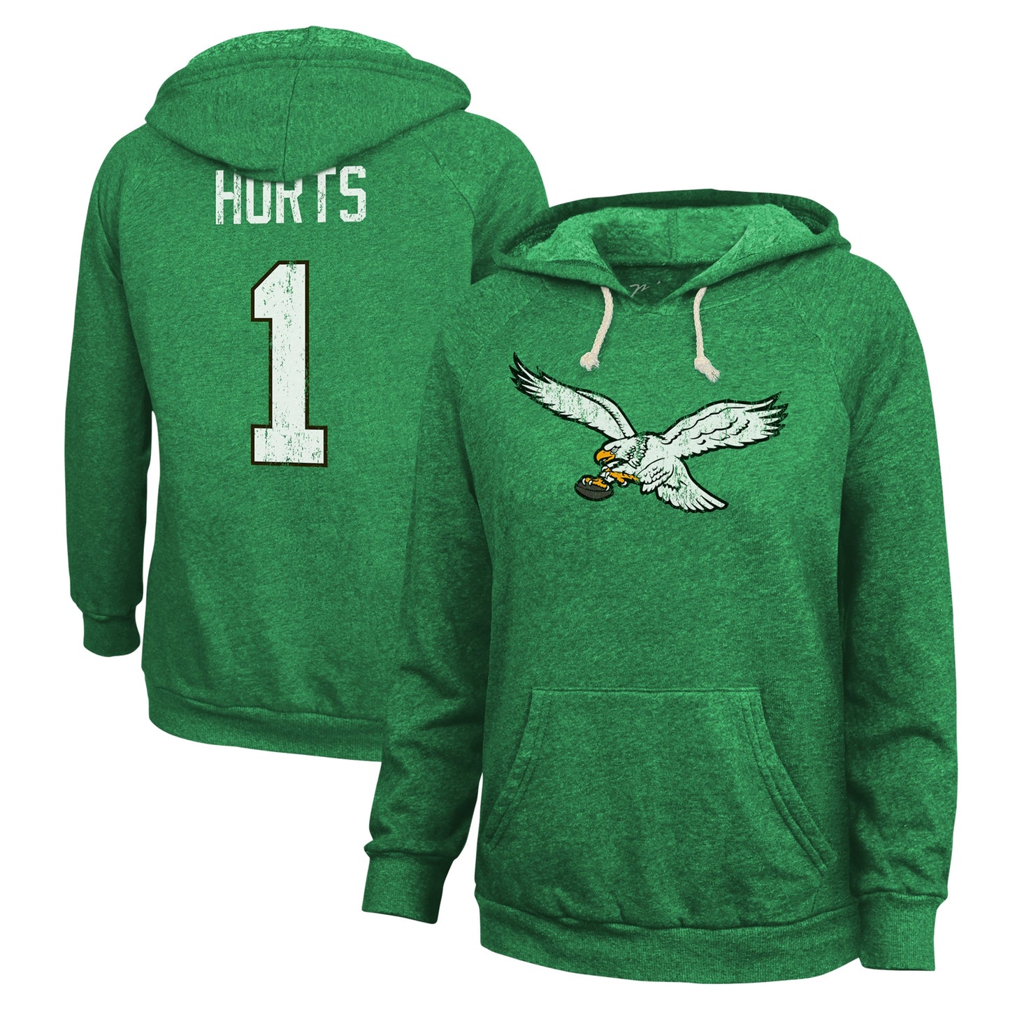 Women's Majestic Threads Jalen Hurts Kelly Green Philadelphia Eagles Name & Number Tri-Blend Pullover Hoodie