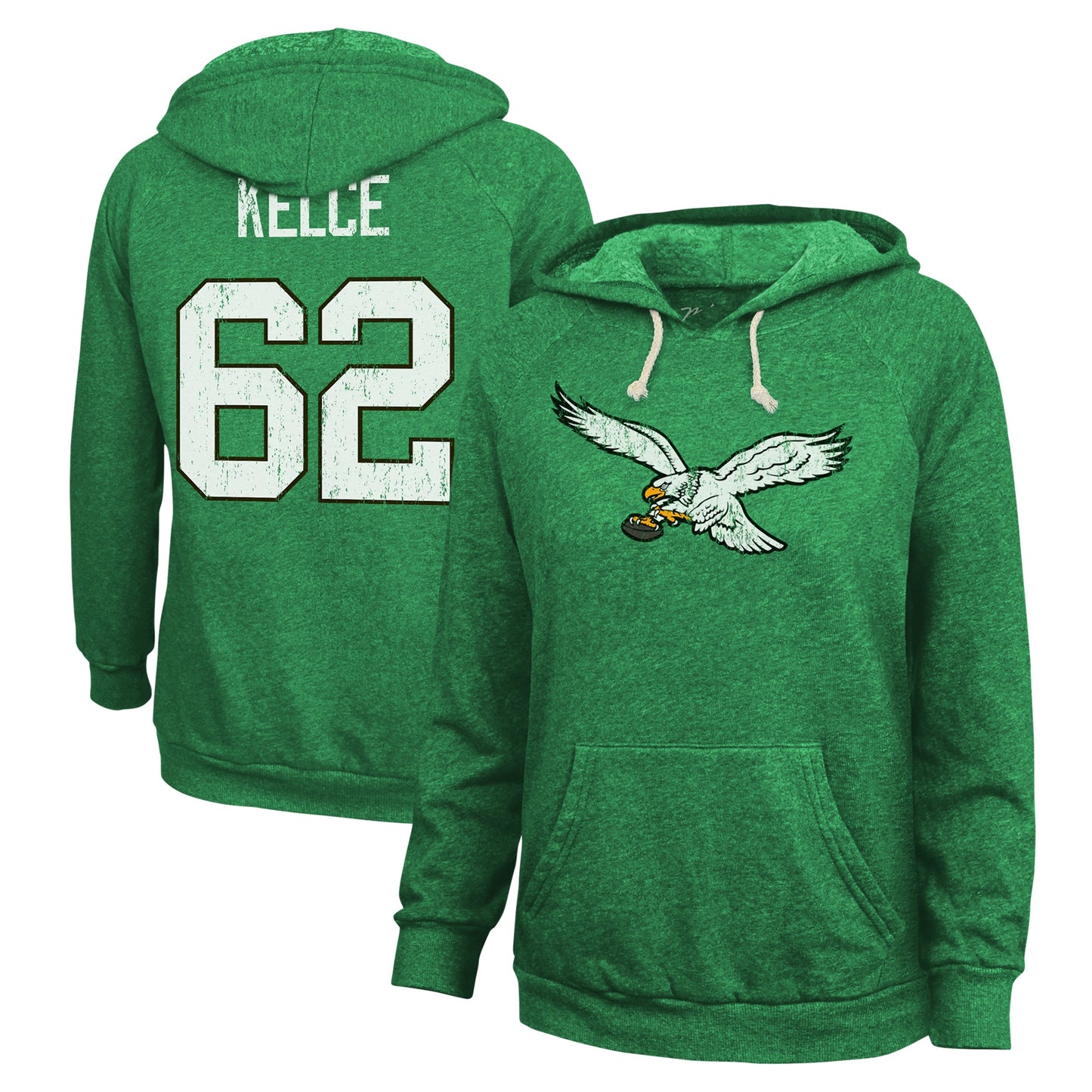 Women's Majestic Threads Jason Kelce Kelly Green Philadelphia Eagles Name & Number Tri-Blend Pullover Hoodie