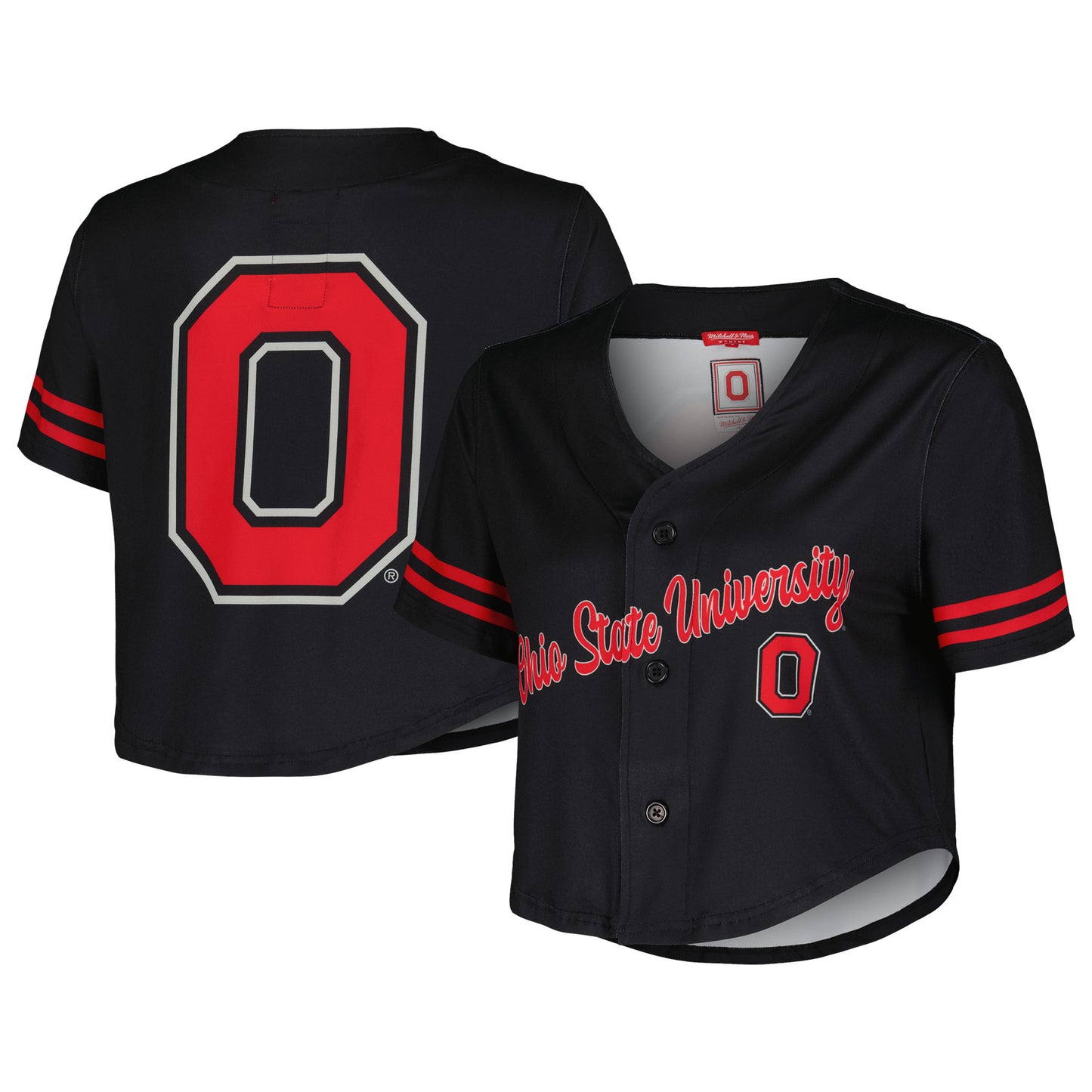 Women's Mitchell & Ness Black Ohio State Buckeyes Vault Cropped V-Neck Button-Up Shirt