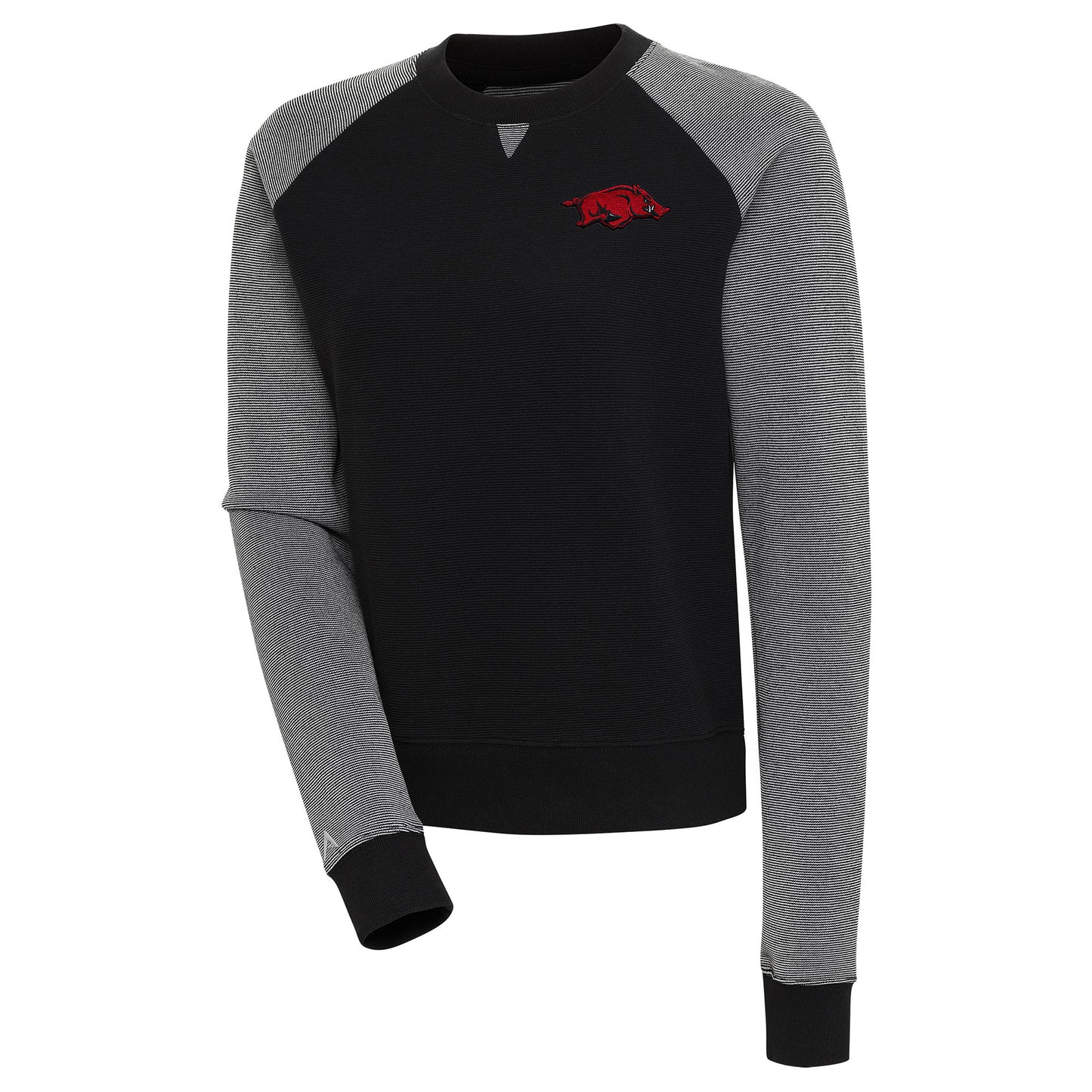 Women's Antigua Black/White Arkansas Razorbacks Flier Bunker Tri-Blend Pullover Sweatshirt