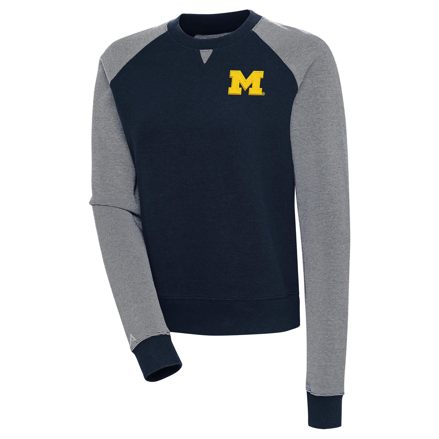 Women's Antigua Navy/White Michigan Wolverines Flier Bunker Tri-Blend Pullover Sweatshirt