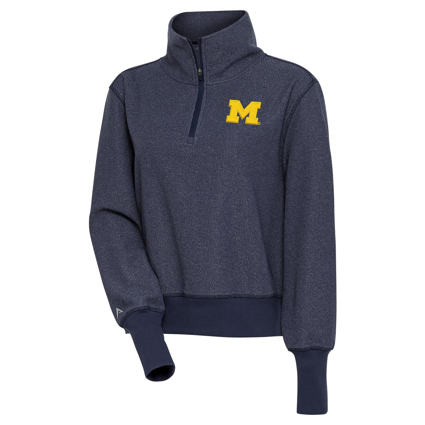 Women's Antigua Heather Navy Michigan Wolverines Upgrade Half-Zip Pullover Top