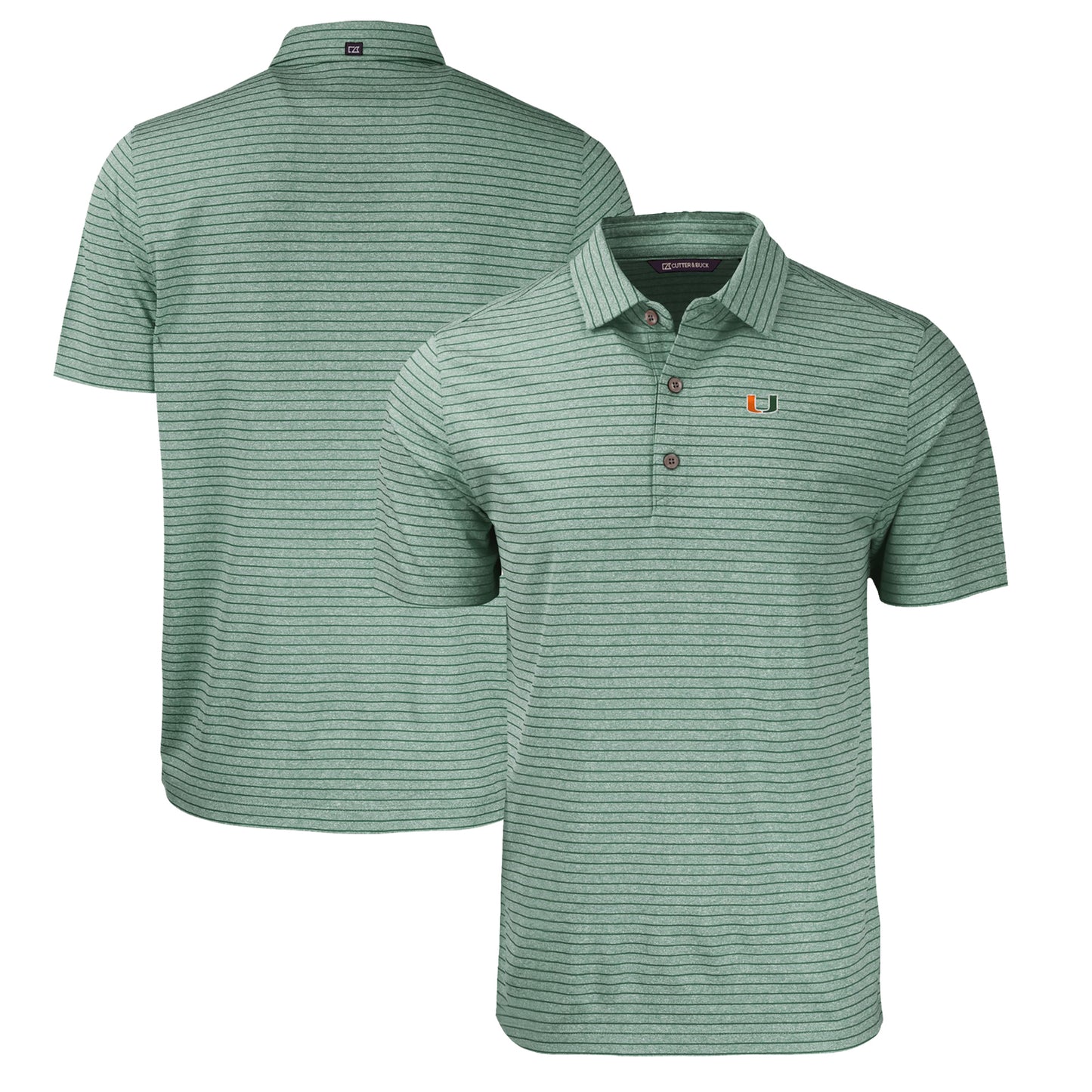 Men's Cutter & Buck Heather Green Miami Hurricanes Forge Eco Heathered Stripe Stretch Recycled Polo