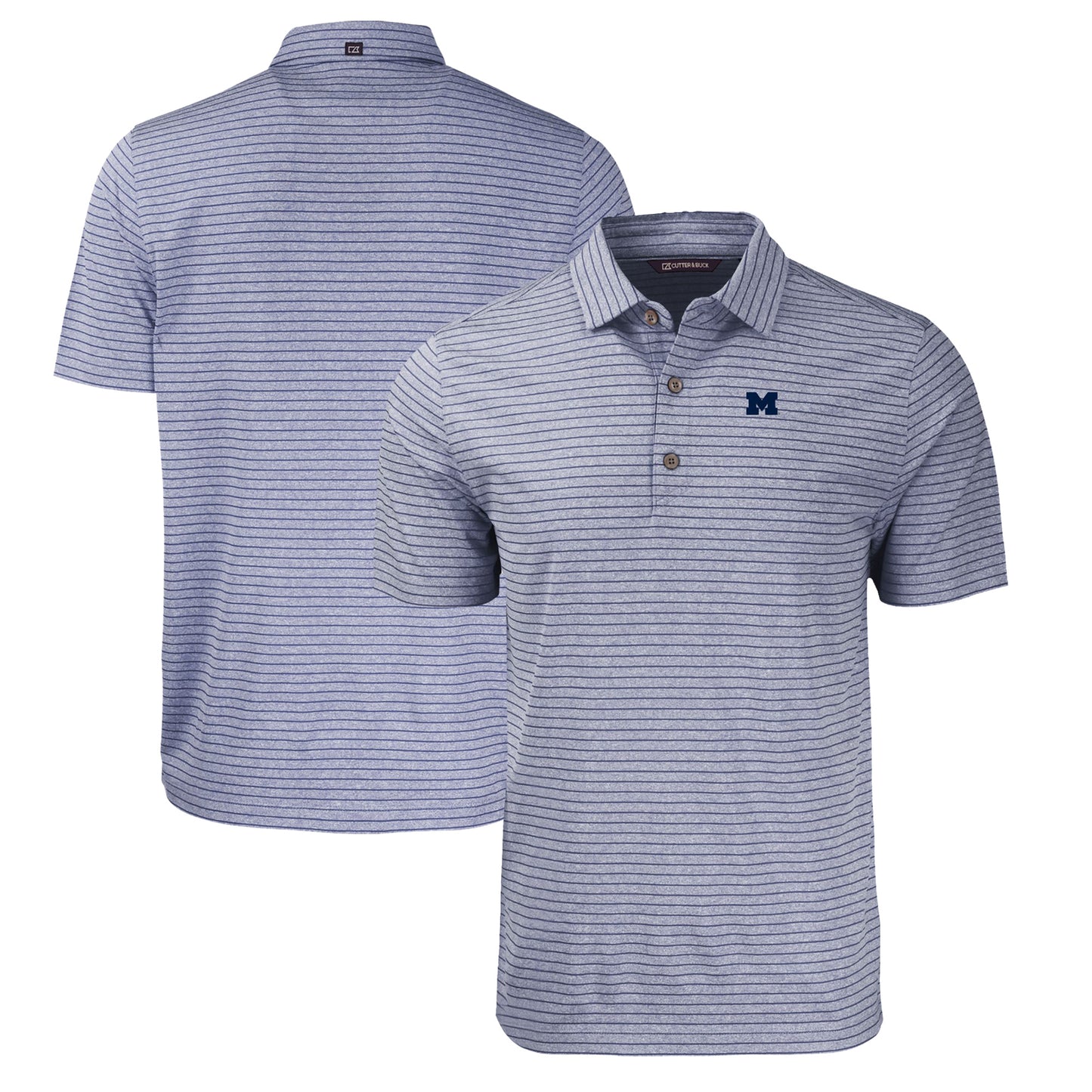 Men's Cutter & Buck Heather Navy Michigan Wolverines Forge Eco Heathered Stripe Stretch Recycled Polo