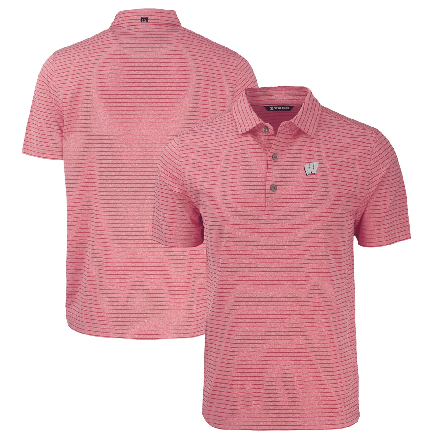 Men's Cutter & Buck Heather Red Wisconsin Badgers Forge Eco Heathered Stripe Stretch Recycled Polo