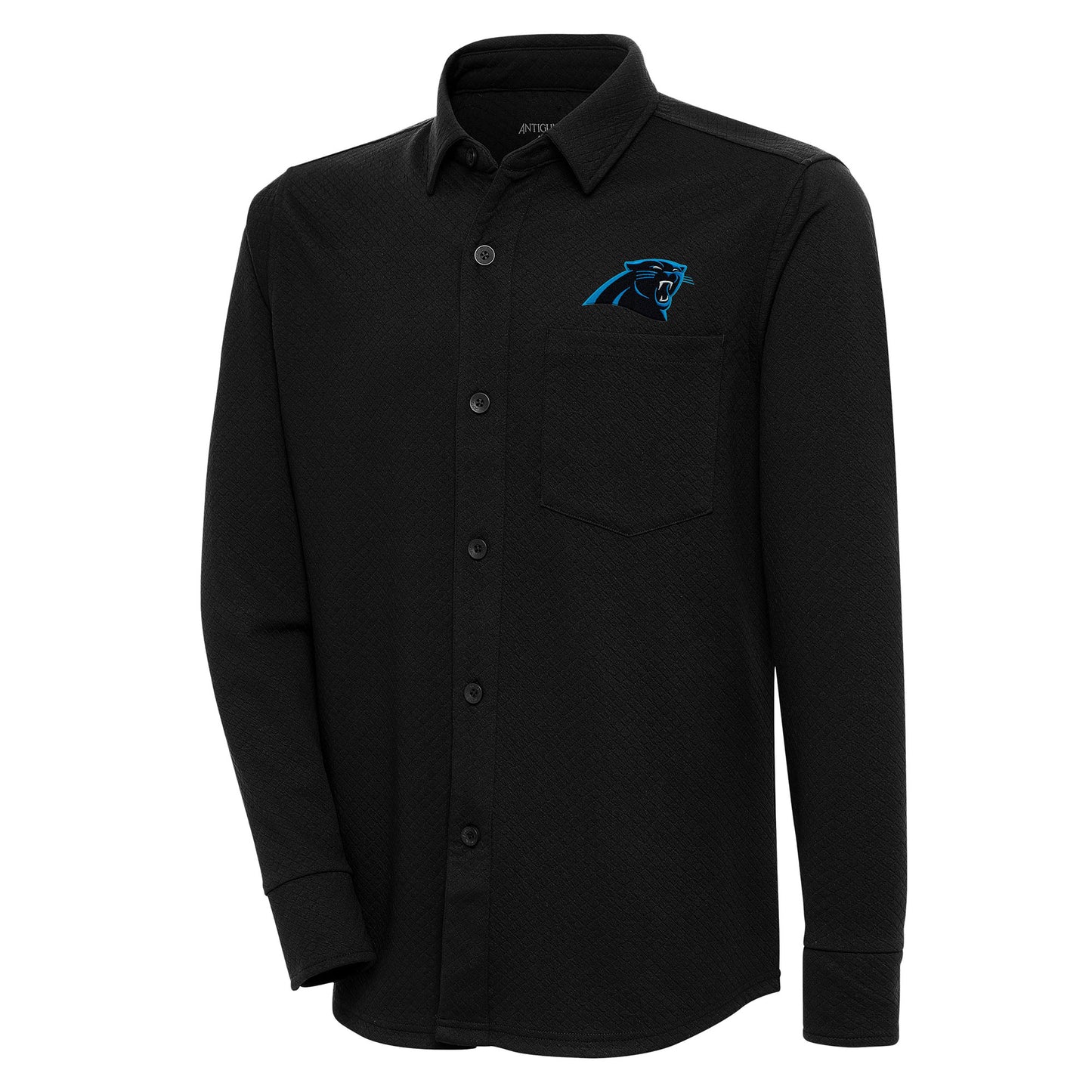 Men's Antigua Black Carolina Panthers Streamer Button-Up Shacket