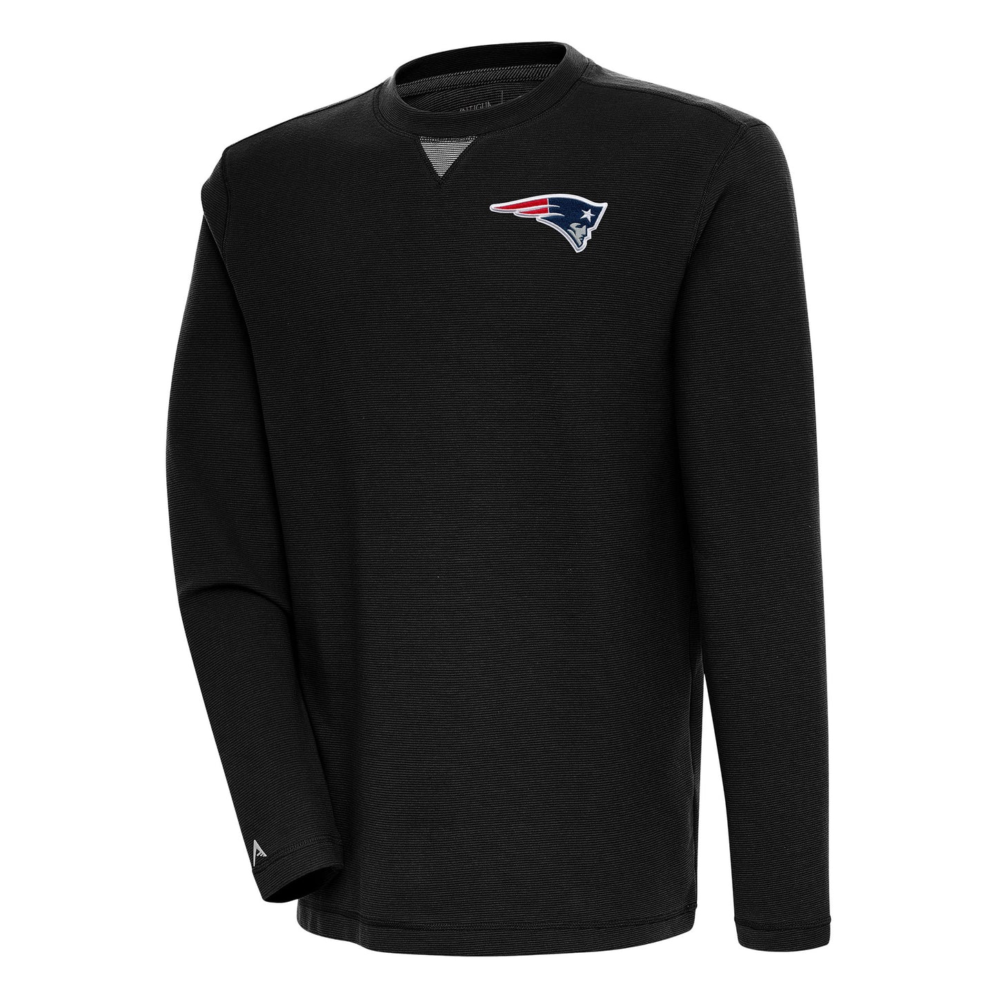 Men's Antigua Black New England Patriots Flier Bunker Pullover Sweatshirt
