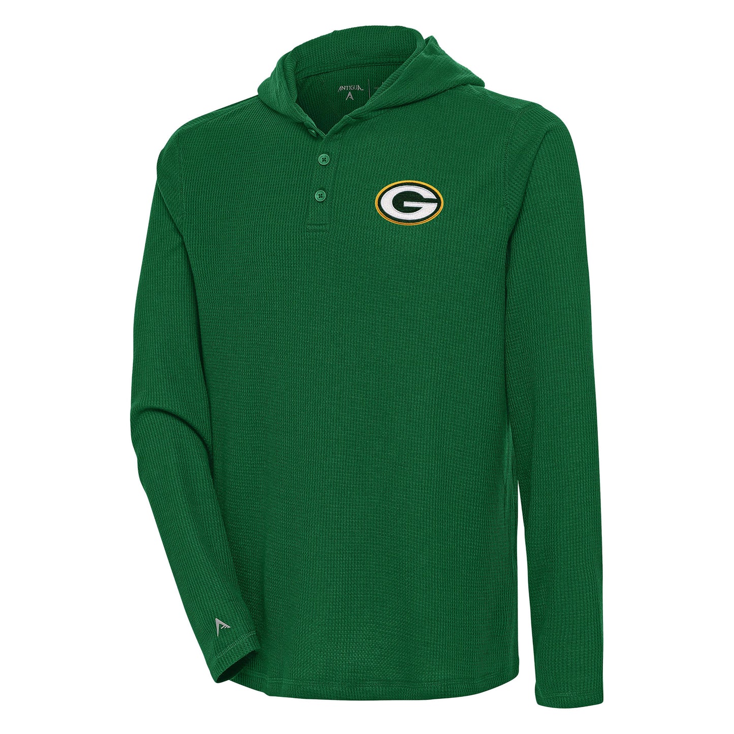 Men's Antigua Green Green Bay Packers Strong Hold Long Sleeve Henley Hoodie T-Shirt