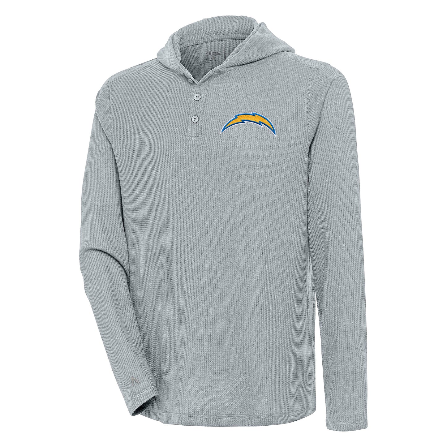 Men's Antigua Gray Los Angeles Chargers Strong Hold Long Sleeve Henley Hoodie T-Shirt