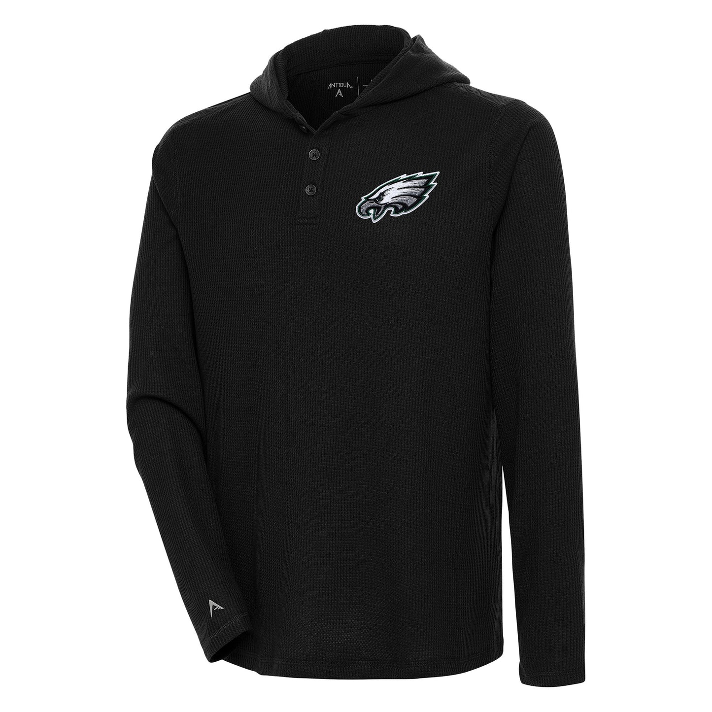 Men's Antigua Black Philadelphia Eagles Strong Hold Long Sleeve Henley Hoodie T-Shirt