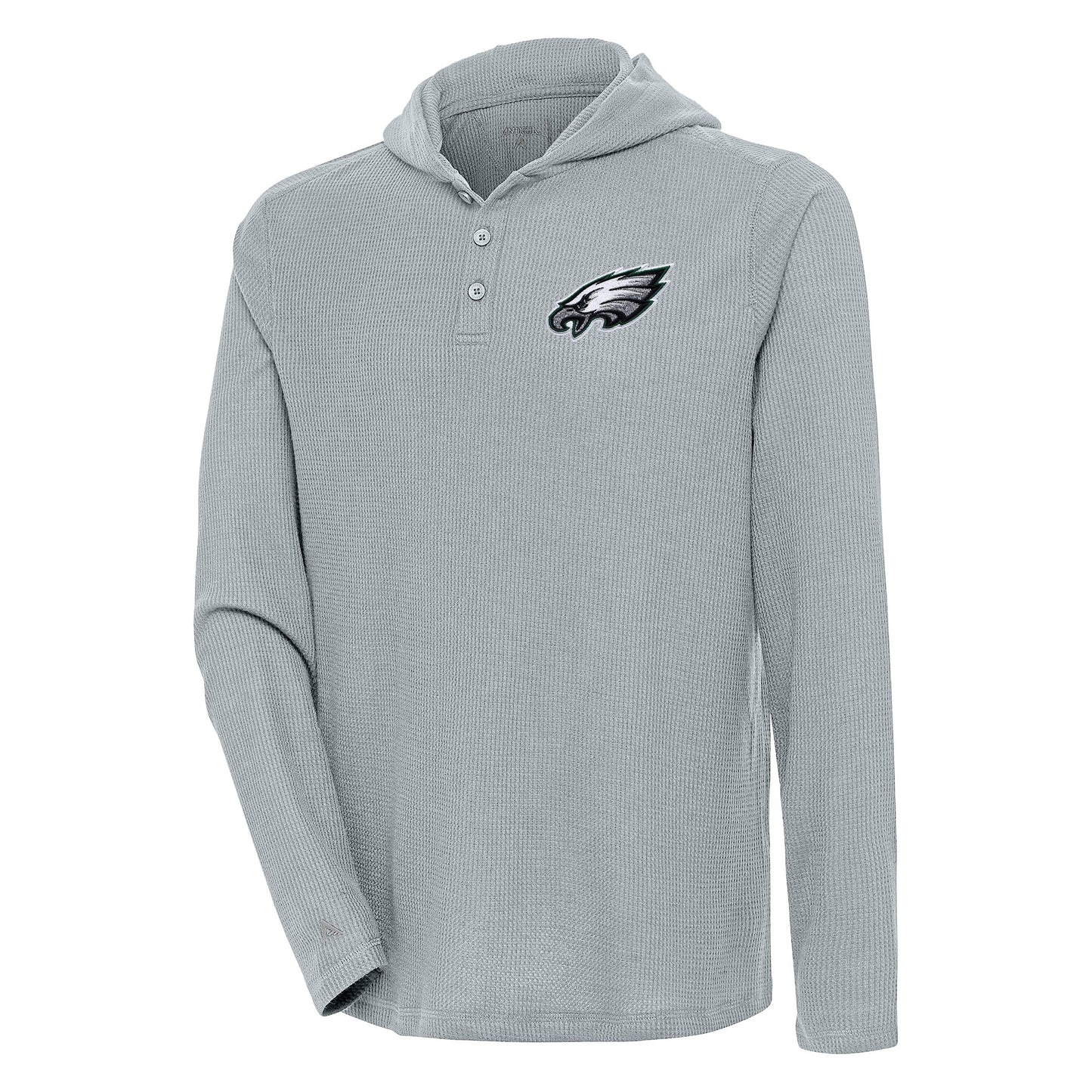 Men's Antigua Gray Philadelphia Eagles Strong Hold Long Sleeve Henley Hoodie T-Shirt