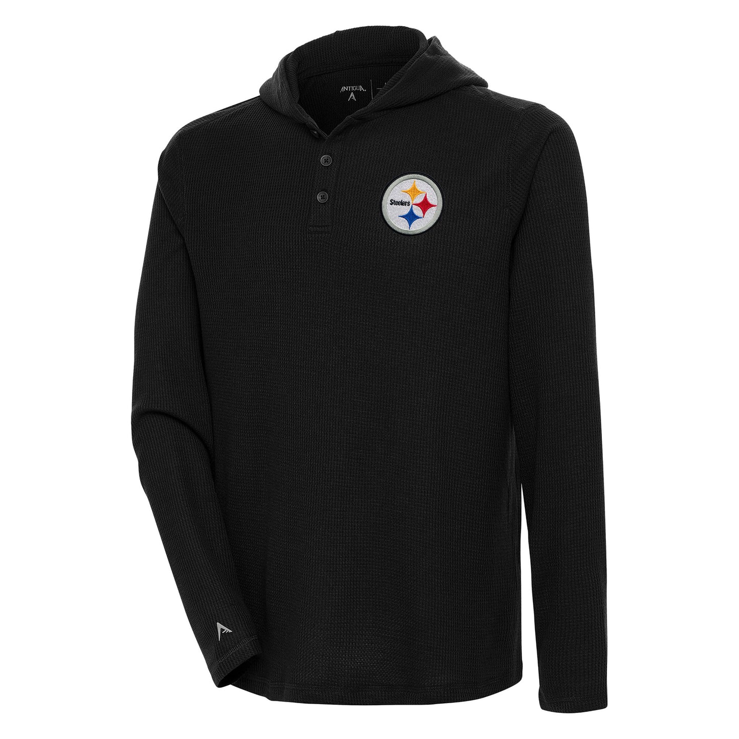 Men's Antigua Black Pittsburgh Steelers Strong Hold Long Sleeve Henley Hoodie T-Shirt