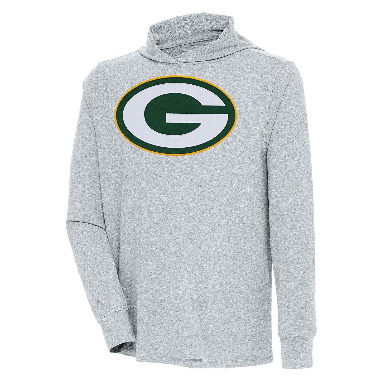Men's Antigua Heather Gray Green Bay Packers Saga Long Sleeve Hoodie T-Shirt