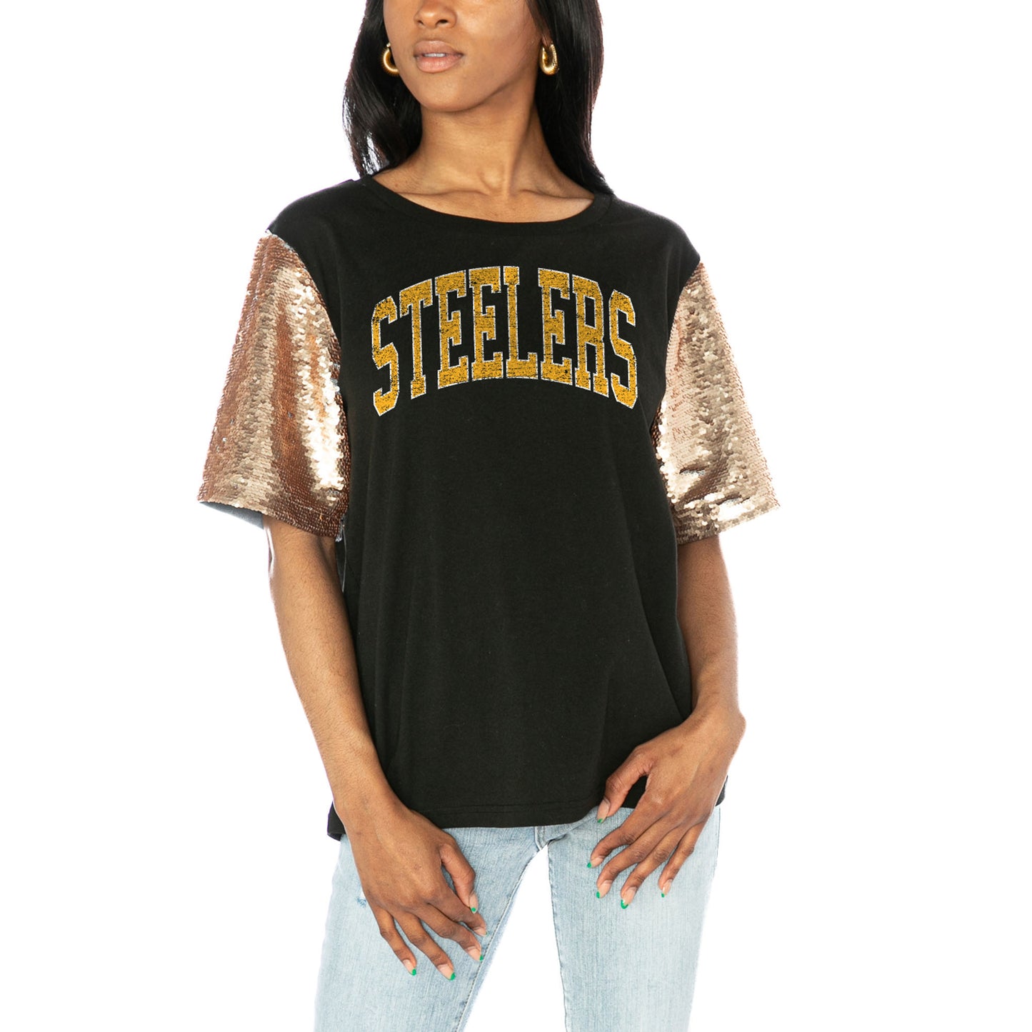 Women's Gameday Couture Black Pittsburgh Steelers Glamazon Flip Sequin Sleeve T-Shirt