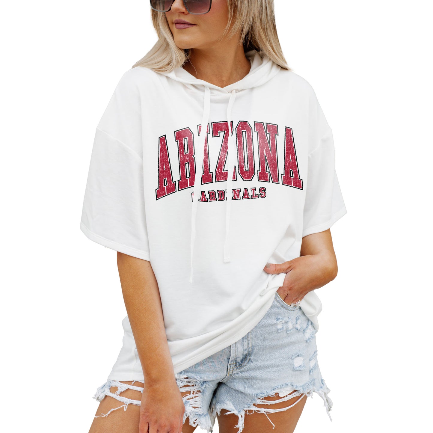 Women's Gameday Couture White Arizona Cardinals Oversized Chic Captain French Terry Short Sleeve Pullover Hoodie