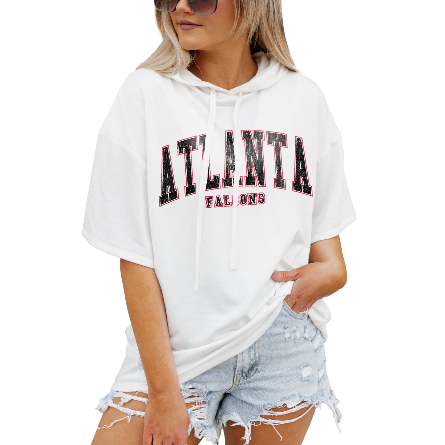 Women's Gameday Couture White Atlanta Falcons Oversized Chic Captain French Terry Short Sleeve Pullover Hoodie