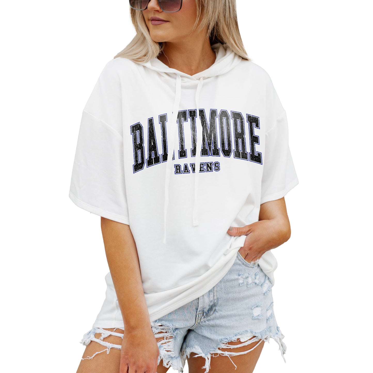 Women's Gameday Couture White Baltimore Ravens Oversized Chic Captain French Terry Short Sleeve Pullover Hoodie