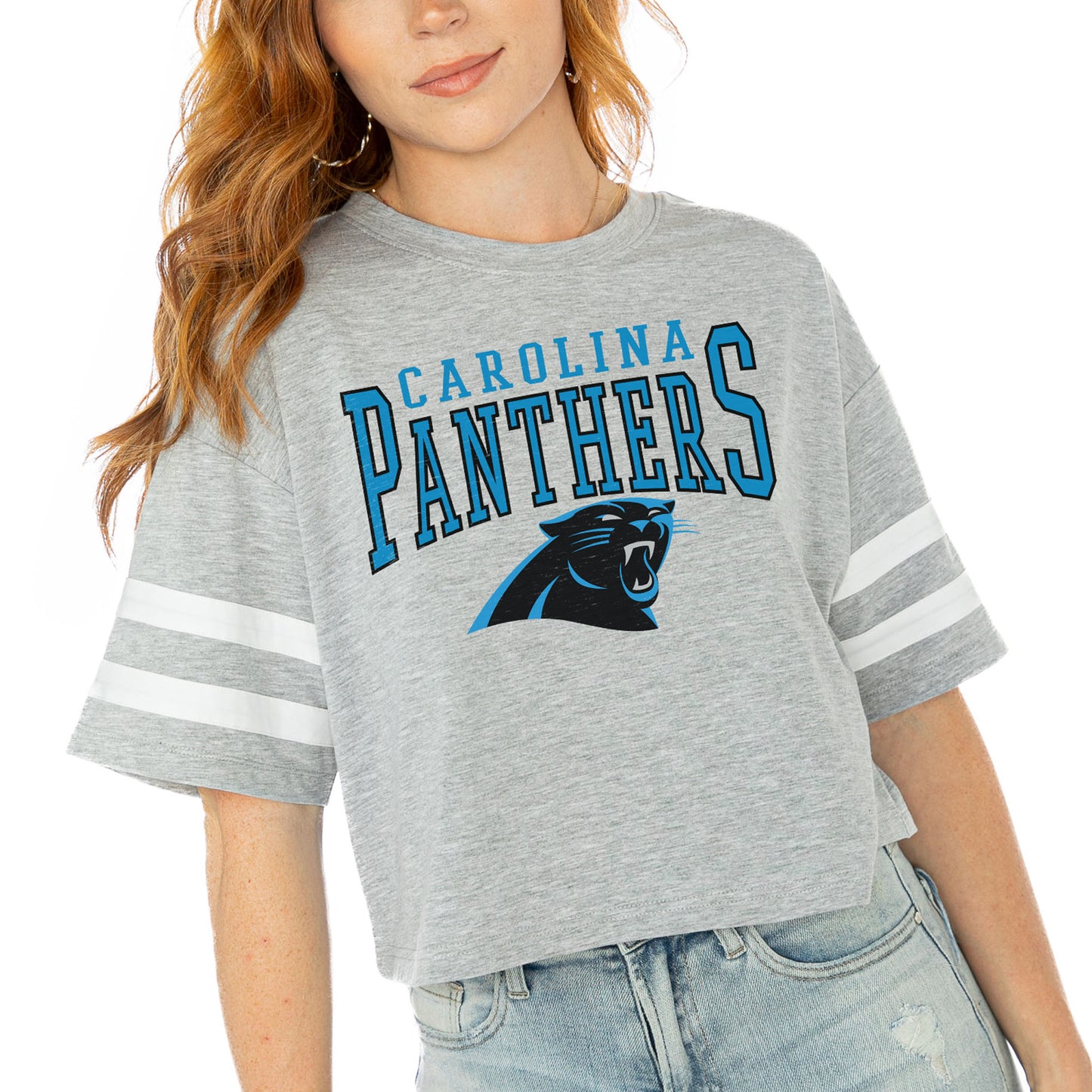 Women's Gameday Couture Gray Carolina Panthers Gridiron Glam Cropped T-Shirt
