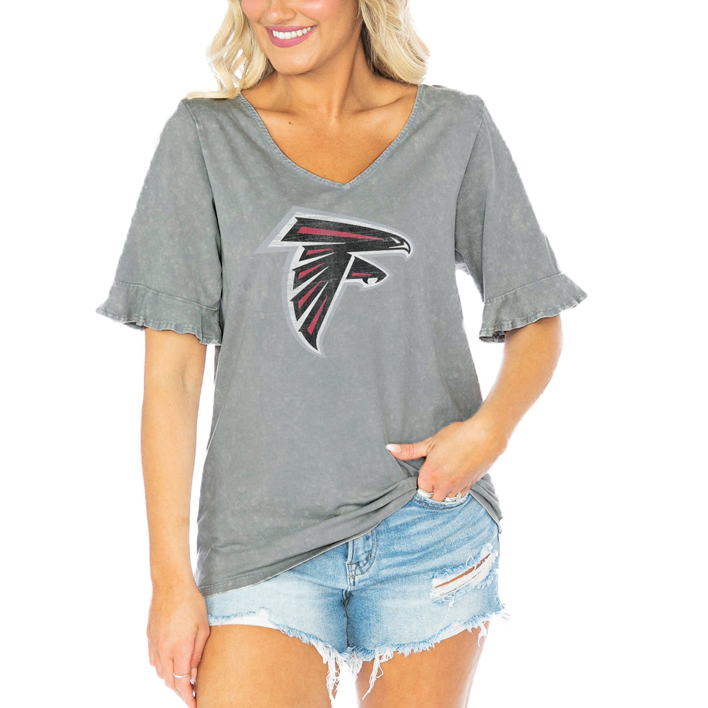 Women's Gameday Couture Gray Atlanta Falcons Field Finesse Ruffle Sleeve V-Neck T-Shirt