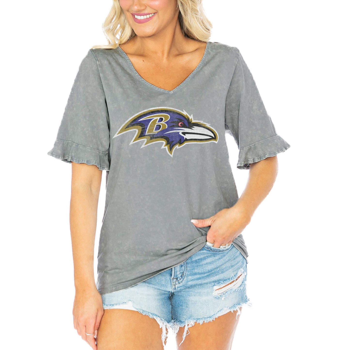Women's Gameday Couture Gray Baltimore Ravens Field Finesse Ruffle Sleeve V-Neck T-Shirt
