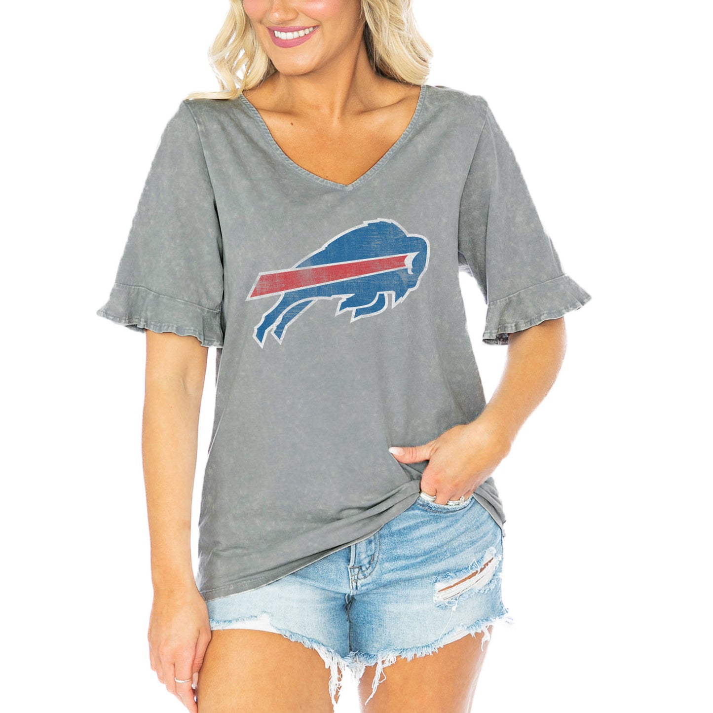 Women's Gameday Couture Gray Buffalo Bills Field Finesse Ruffle Sleeve V-Neck T-Shirt