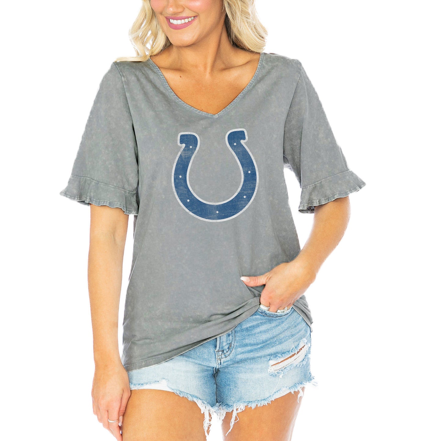 Women's Gameday Couture Gray Indianapolis Colts Field Finesse Ruffle Sleeve V-Neck T-Shirt