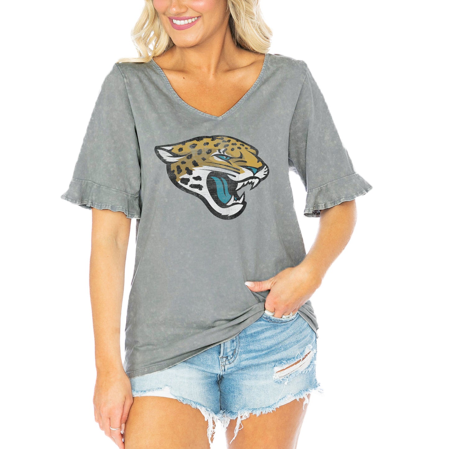 Women's Gameday Couture Gray Jacksonville Jaguars Field Finesse Ruffle Sleeve V-Neck T-Shirt