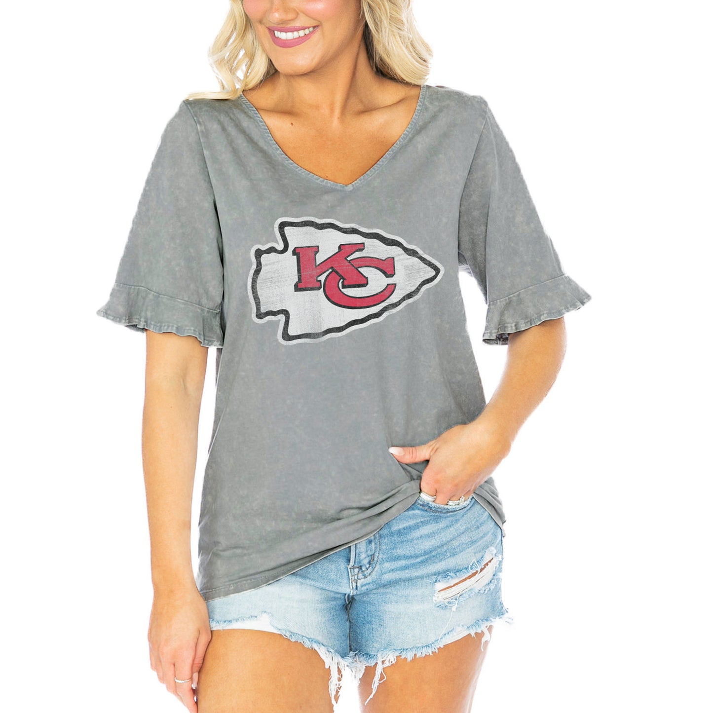 Women's Gameday Couture Gray Kansas City Chiefs Field Finesse Ruffle Sleeve V-Neck T-Shirt