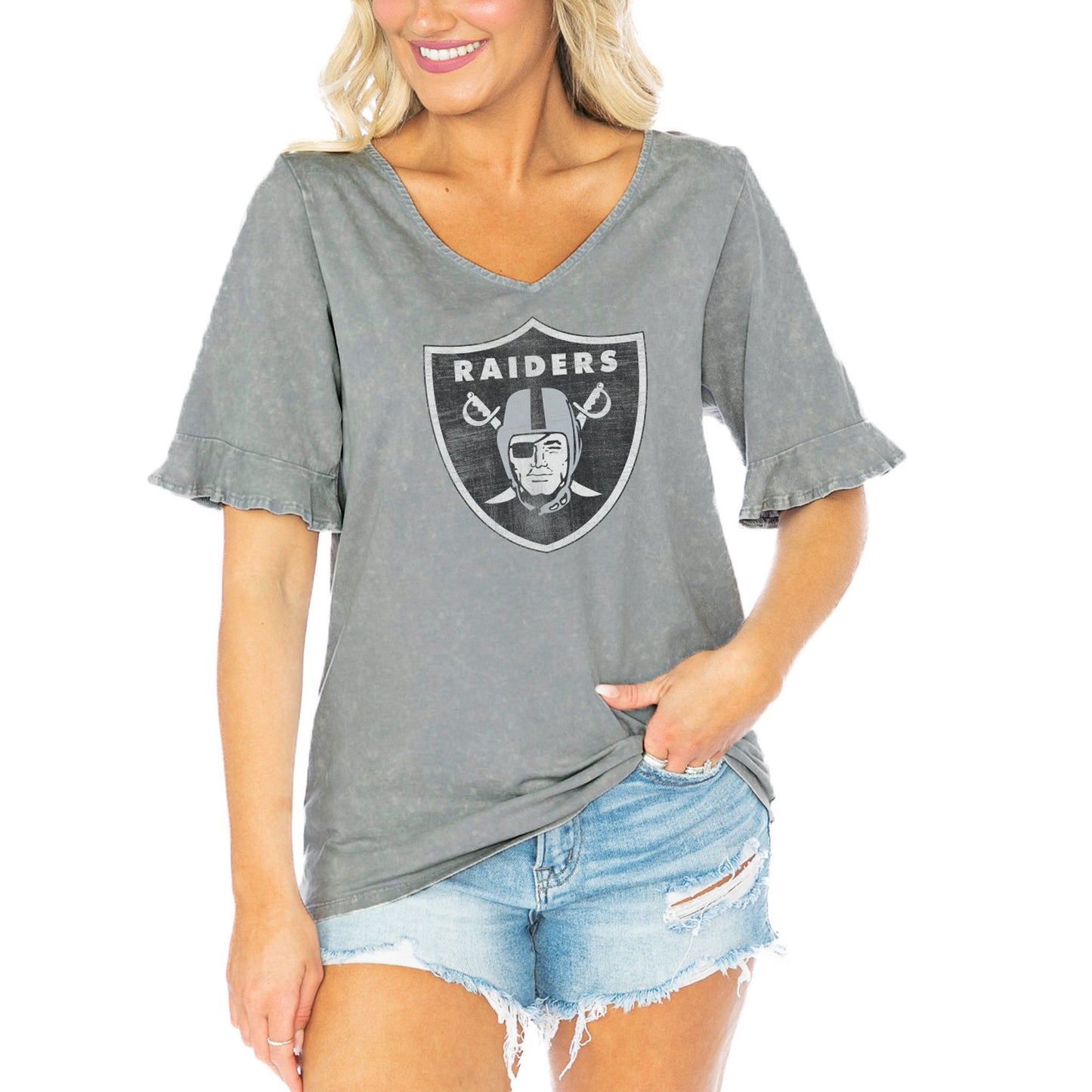 Women's Gameday Couture Gray Las Vegas Raiders Field Finesse Ruffle Sleeve V-Neck T-Shirt